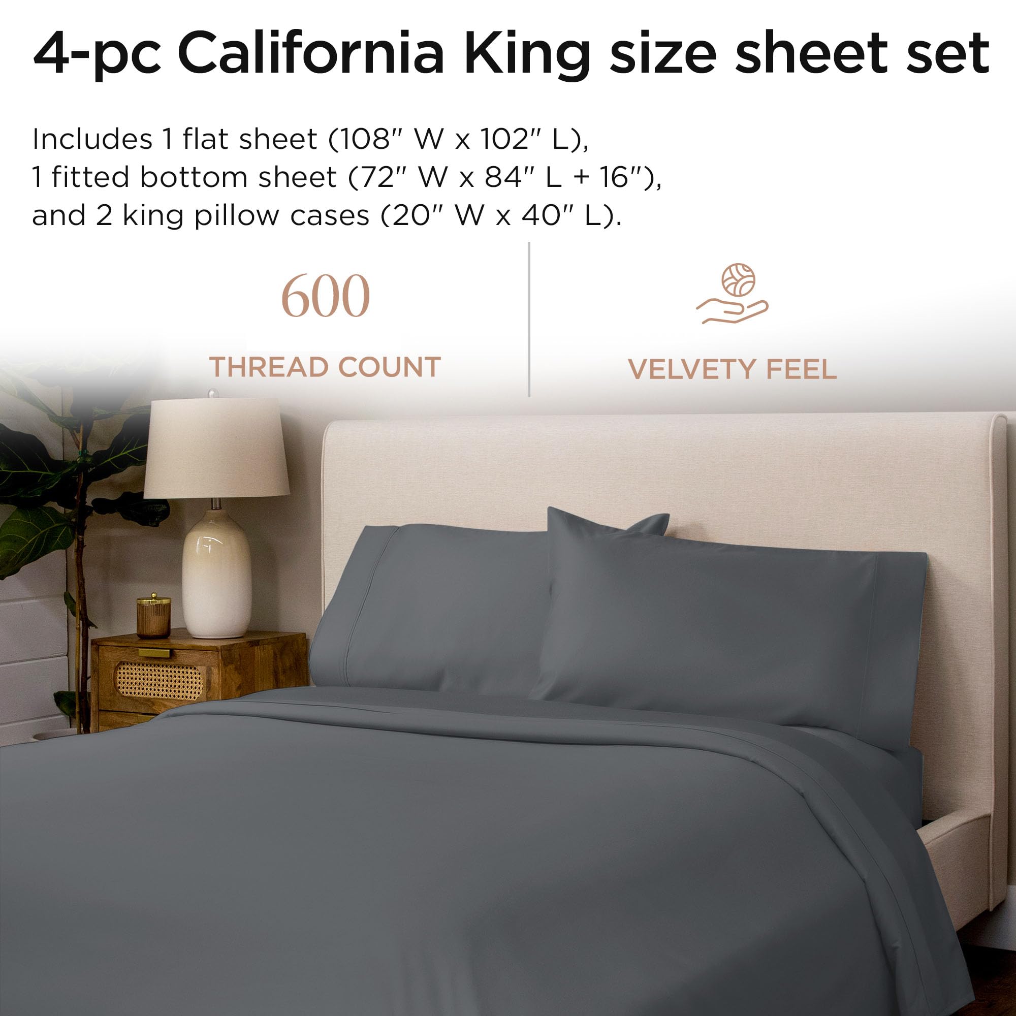 Threadmill Home Linen 600 Thread Count 100% Cotton Sheets, Dark Grey California King Size Sheets 4 Piece Sateen Bed Sheet Set - Image 2