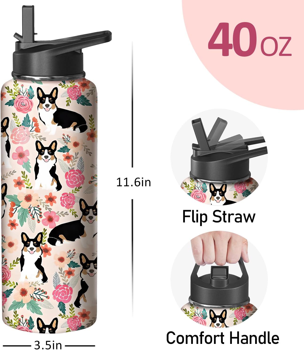40oz Corgi Water Bottle with Handle and Flip Straw, Dog Animal Sports Stainless Steel Insulated Cup Travel Coffee Mug Tumbler, Birthday Mothers Day Chritmas Gifts for Women - Image 2