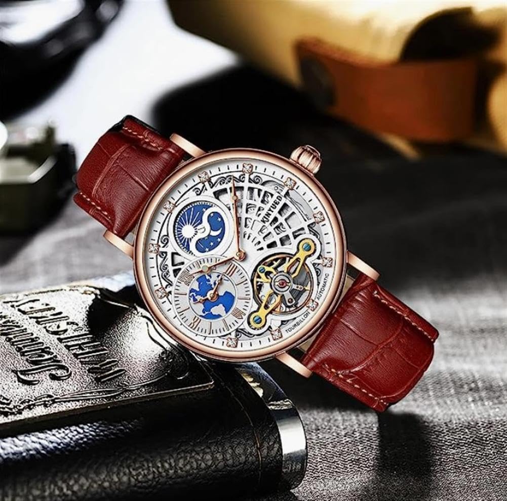 Herren Luxus Skelett automatische mechanische Armbanduhren Leder Mond singende Hände Selbstwinduhr, Tourbillon automatische wasserdichte Kristall Armbanduhr für Männer Geschenk