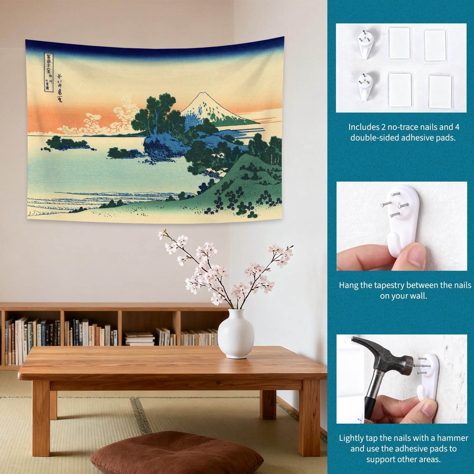 YONGFOTO 150x100cm Gobelin Ukiyo-e Góra Fuji 36 Widoków Wiszący na Ścianę w Pokoju Plaża Shichiri w Prowincji Sagami Krajobraz Sztuka Ściana Malarstwo Japońskie Tradycyjne Wzory Toyo Tapety