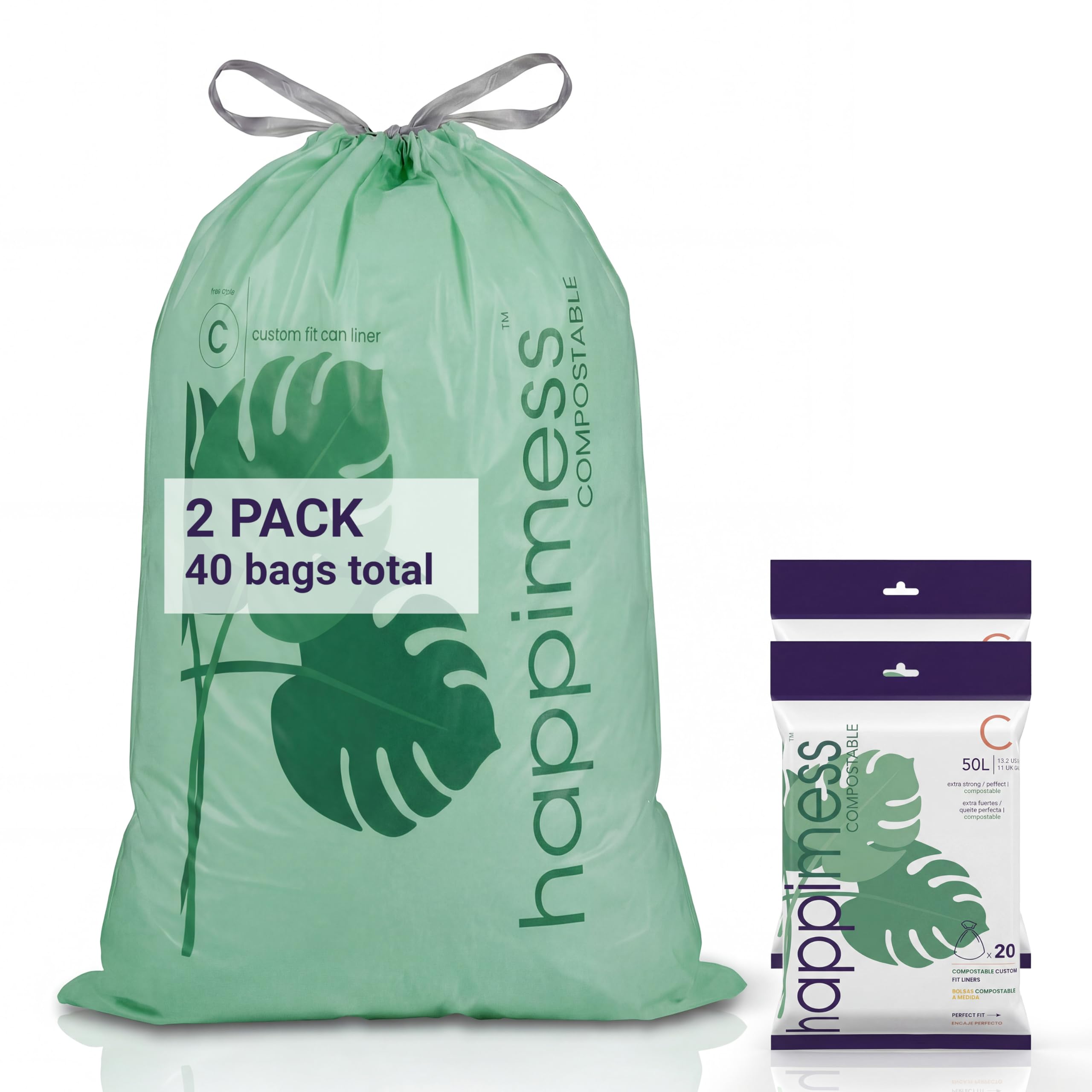 happimess Sacchetti per la spazzatura con coulisse, da 50 l, inodori, verdi, per cucina e casa, su misura, 40 pezzi (2 confezioni da 20 fodere) HPM3000C-G-2SET