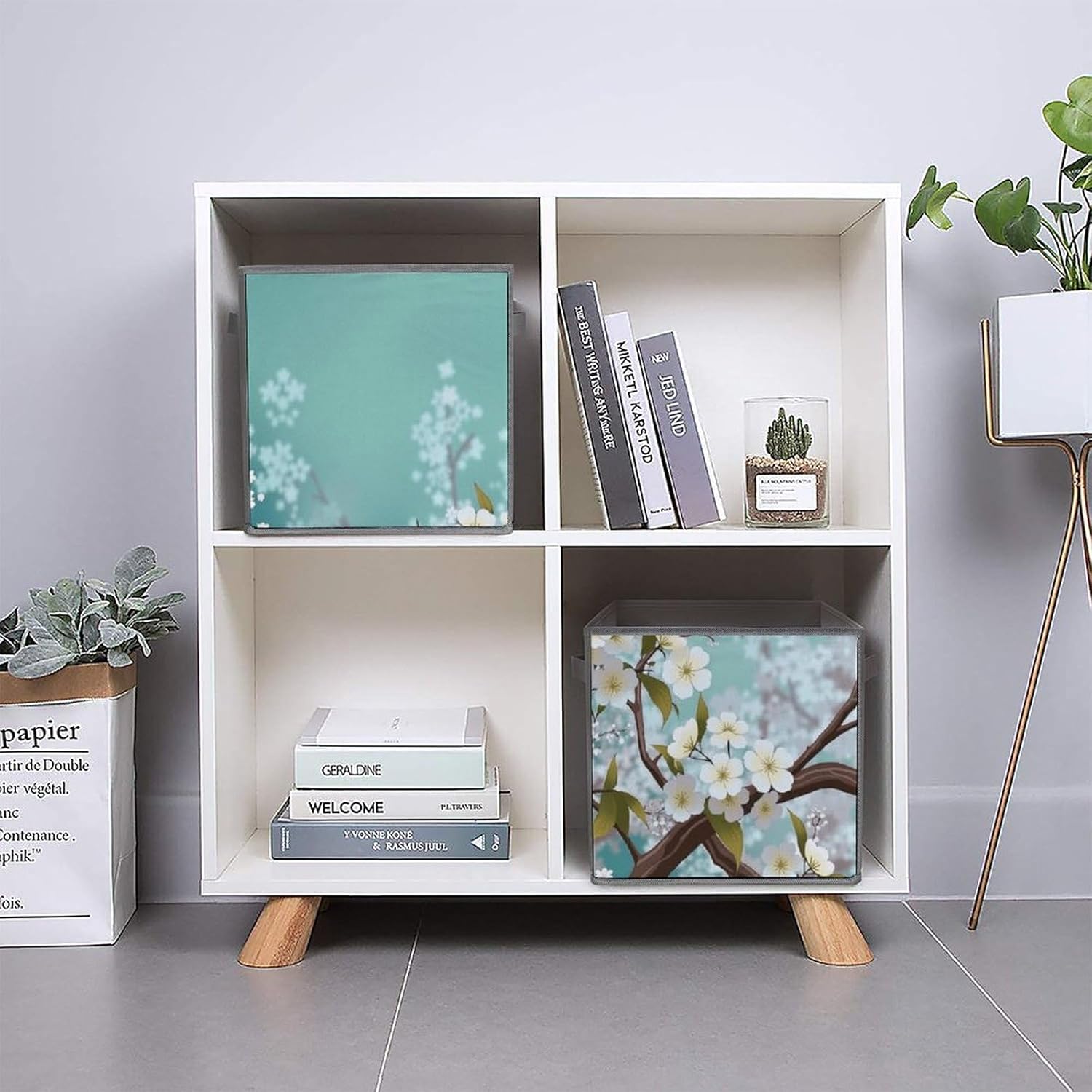 Cherry Blossom Floral 10.6 Inch Cube Storage Bin Foldable Fabric Storages Cubes Organizer with Handles for Shelves Closet Bedroom Clothes 6PCS