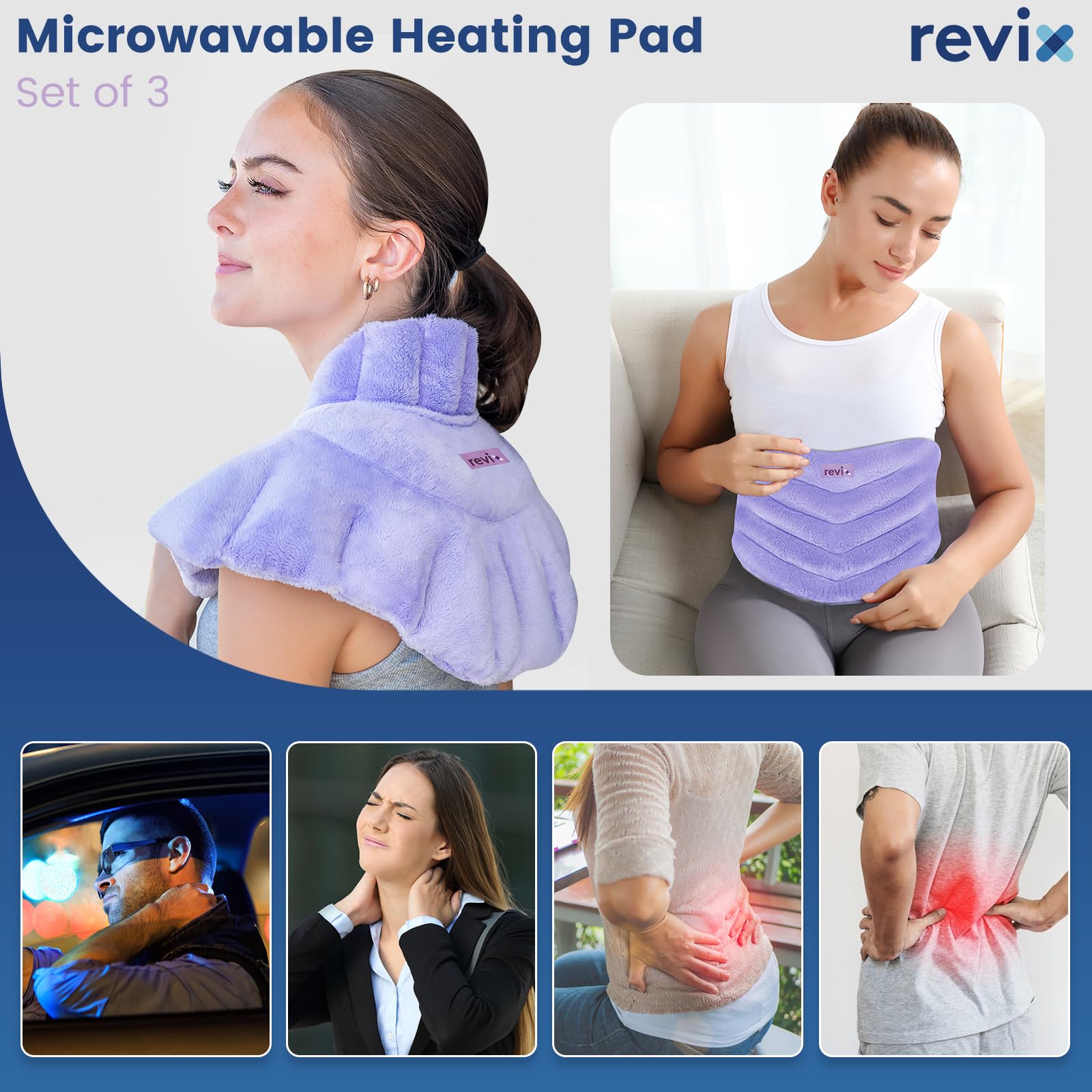 Cuscinetti riscaldanti a microonde REVIX per schiena, fascia riscaldante per collo e spalle con calore umido, maschera riscaldante per gli occhi, impacco caldo, collo e schiena, Viola, set da 3 pezzi