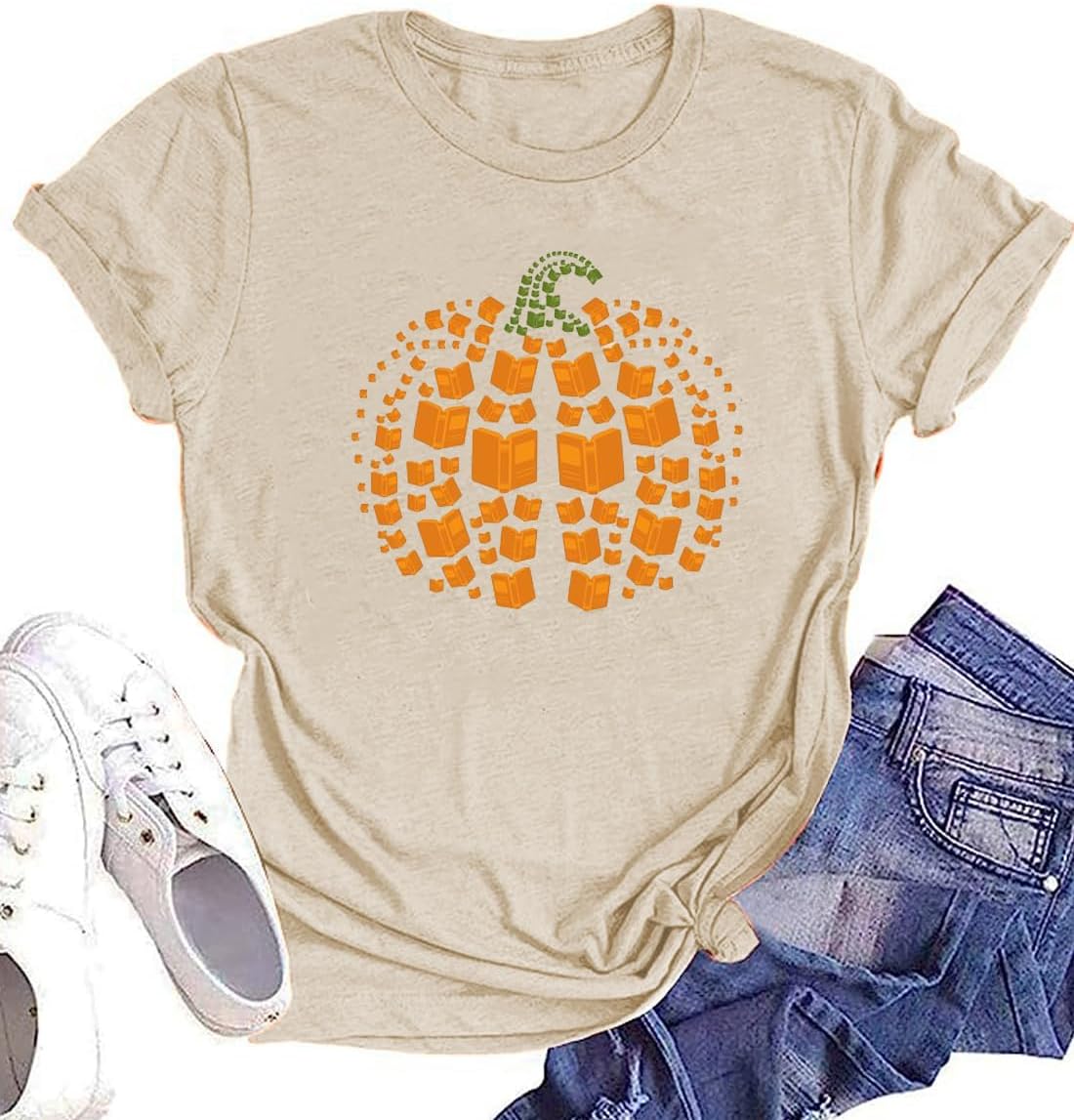 Women Cute Pumpkin Printing Ghost Graphic Fall Shirts Casual Halloween Trendy Tee Thanksgiving Tops