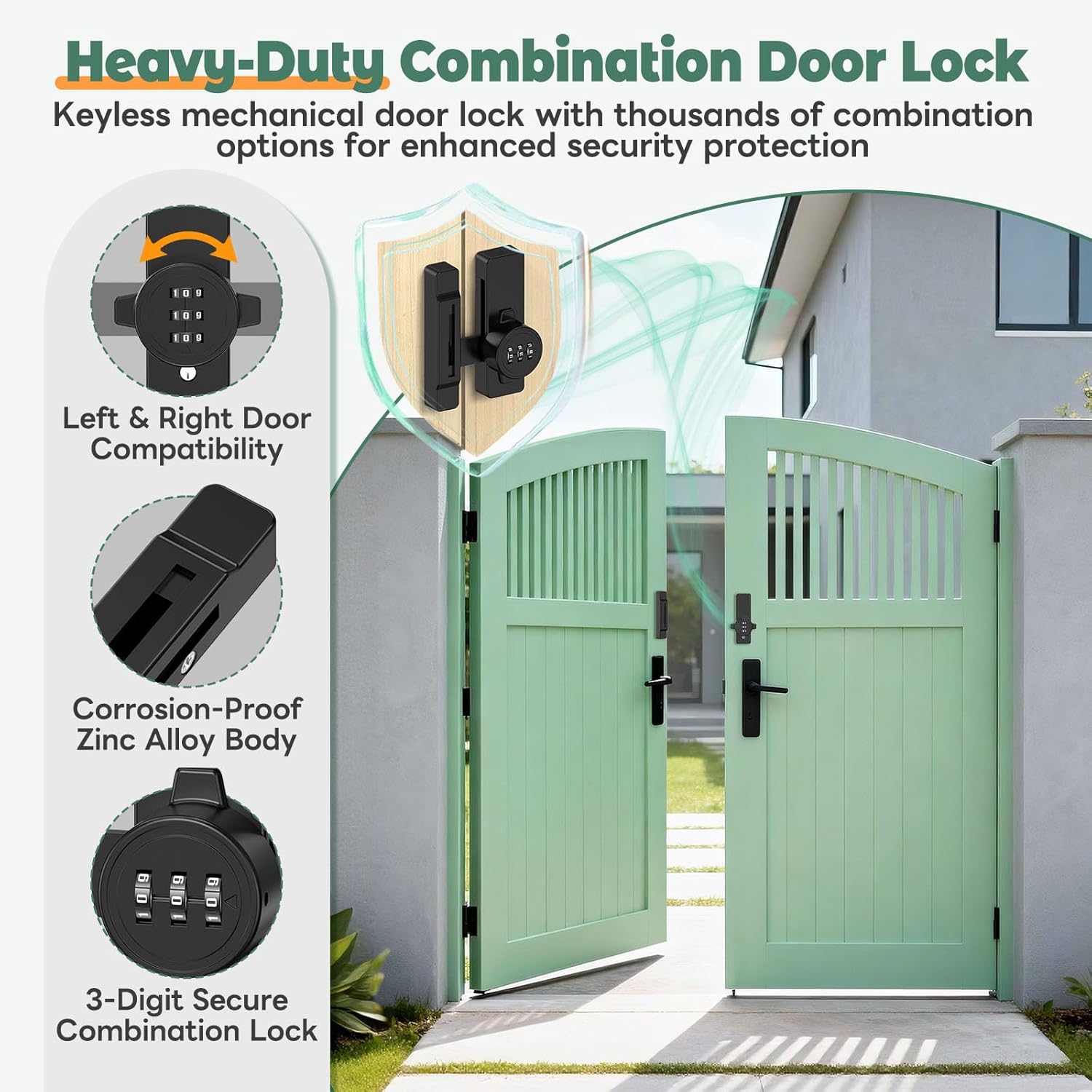 Keyless Barn Door Lock, 90/180 Degree Combination Flip Gate Latch Lock for Sliding Barn Door, Cabinet, Shed, Storage Room, Window - 3 Digit Mechanical Password Security Latches (2, Black)