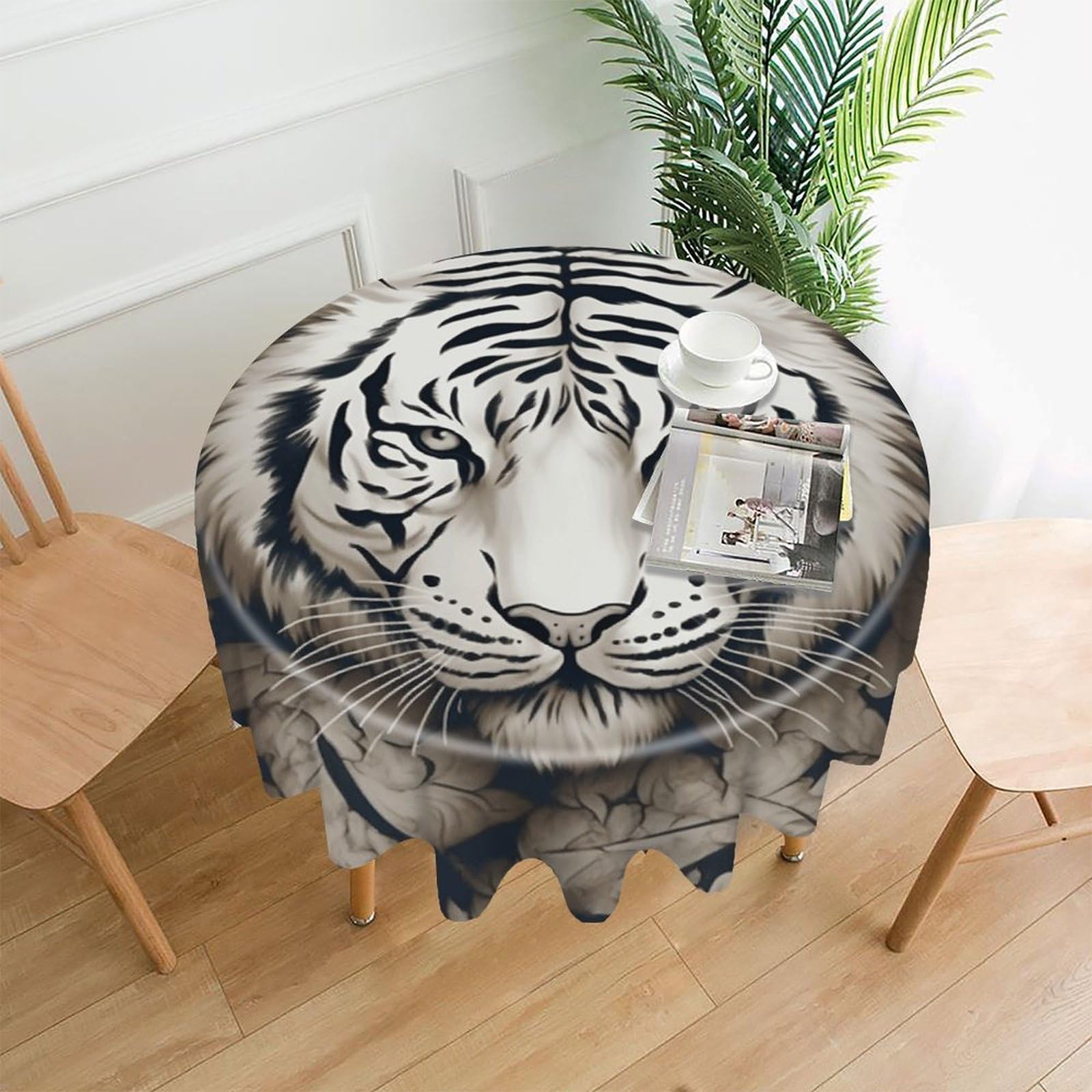 VstaDank White Tiger Head Pattern Tablecloth Easy to Clean Polyester Round Table Cover Washable Round Table Cloth Wrinkle-Free Circle Decoration Tablecloth for Kitchen Dining Room 60"