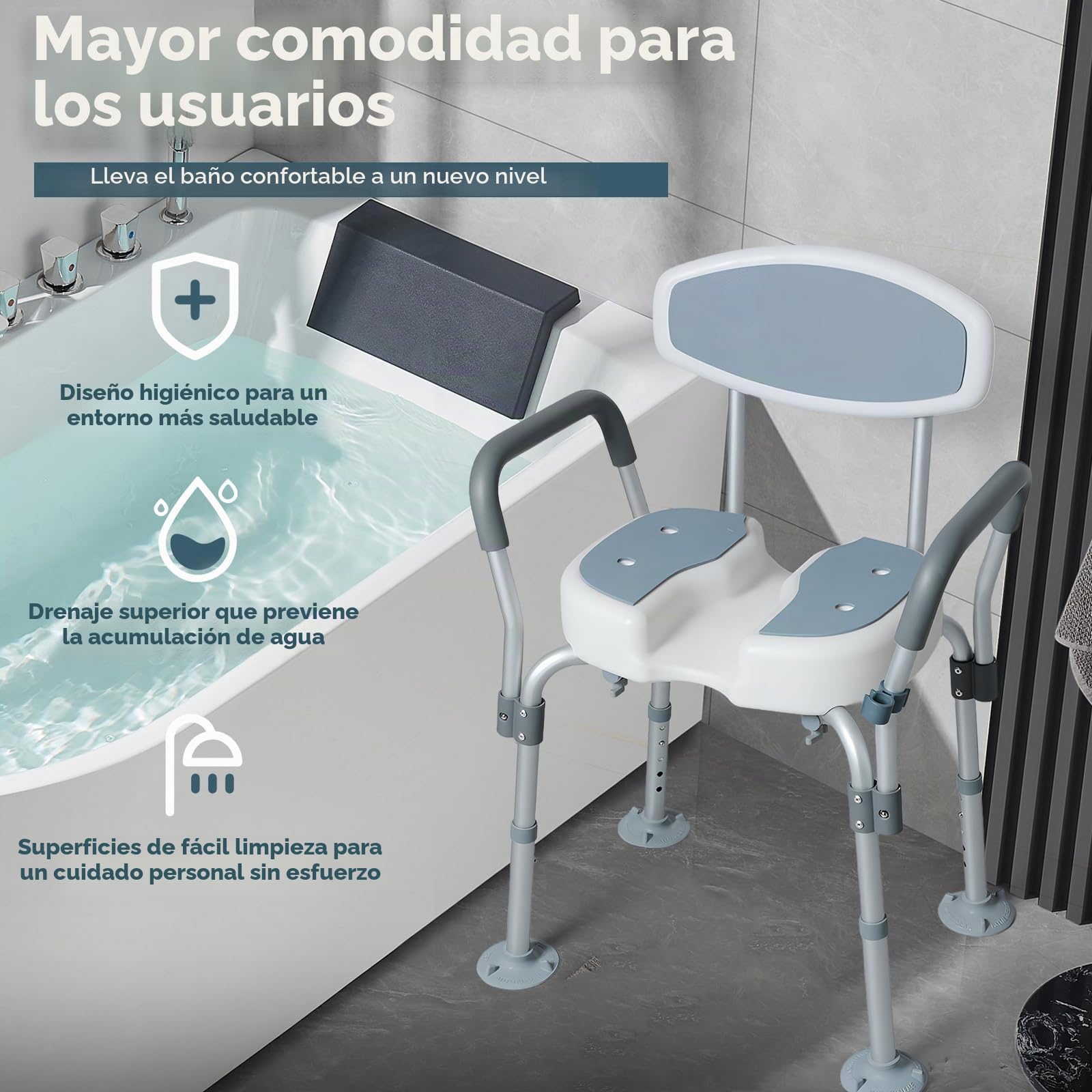 Silla de Ducha Giratoria 360°, Taburete de Ducha para Personas Mayores Altura Ajustable Asiento Ducha con Respaldo y Apoyabrazos Máx. 136kg