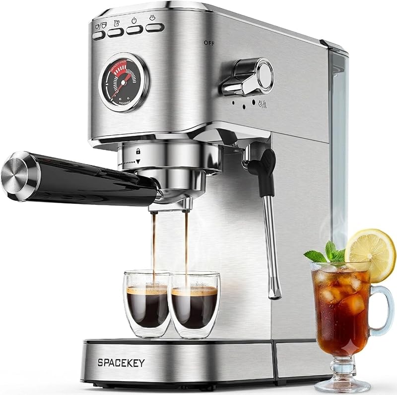 Espresso Machine with Milk Frother, 20 Bar Compact Expresso Coffee Machines for Home, Stainless Steel Espresso Maker with 39oz Removable Water Tank for Cappuccino Latte, Fast Heating, Silver