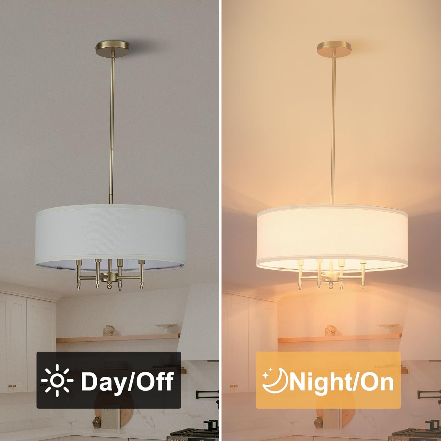 Untrammelife Drum Pendant Chandelier 4-Lights Gold Chandelier 20" Ceiling Hanging Light Fixture with White Shade, for Dining Room Living Room Bedroom Kitchen Island