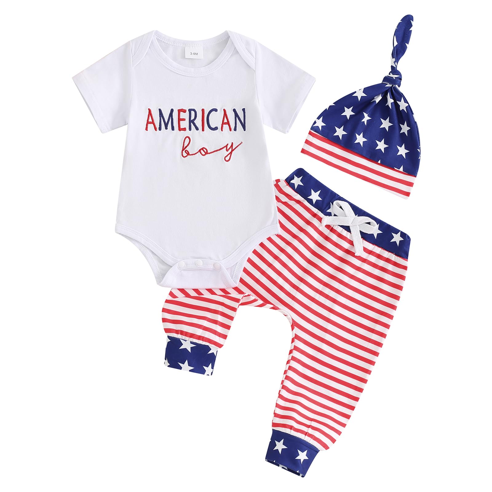 Ayalinggo Newborn 4th Of July Outfit Boy Girl Embroidered American Baby Rompers Top Red Blue Pants Set Preemie Fourth July Clothes (AMERICAN BOY, 0-3 Months)