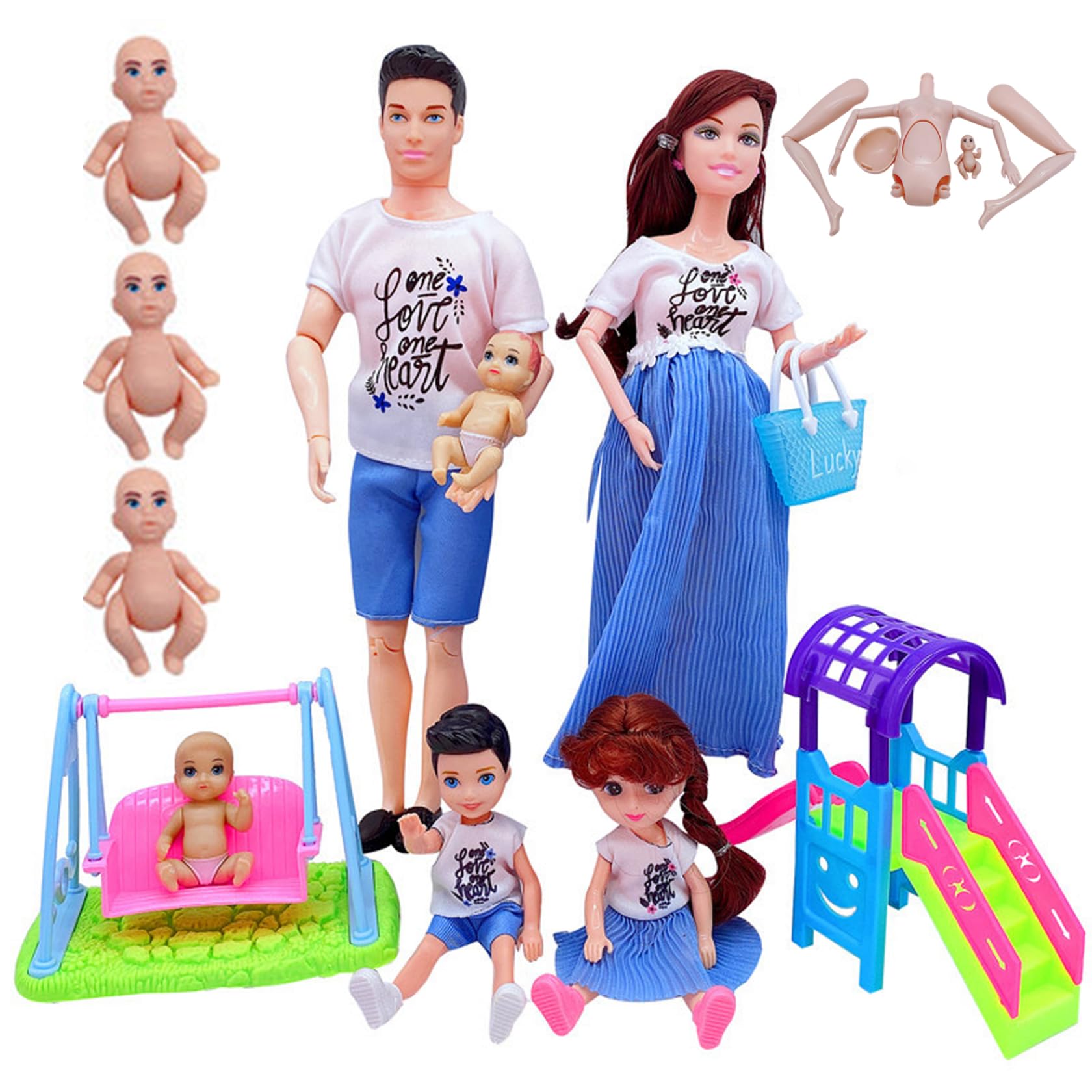 Cylosyn Family Doll Set, 5PCS Pregnant Doll Family with Dad, Mom, Baby in Tummy & 2 Kids, Dollhouse Pretend Play Figures for Children