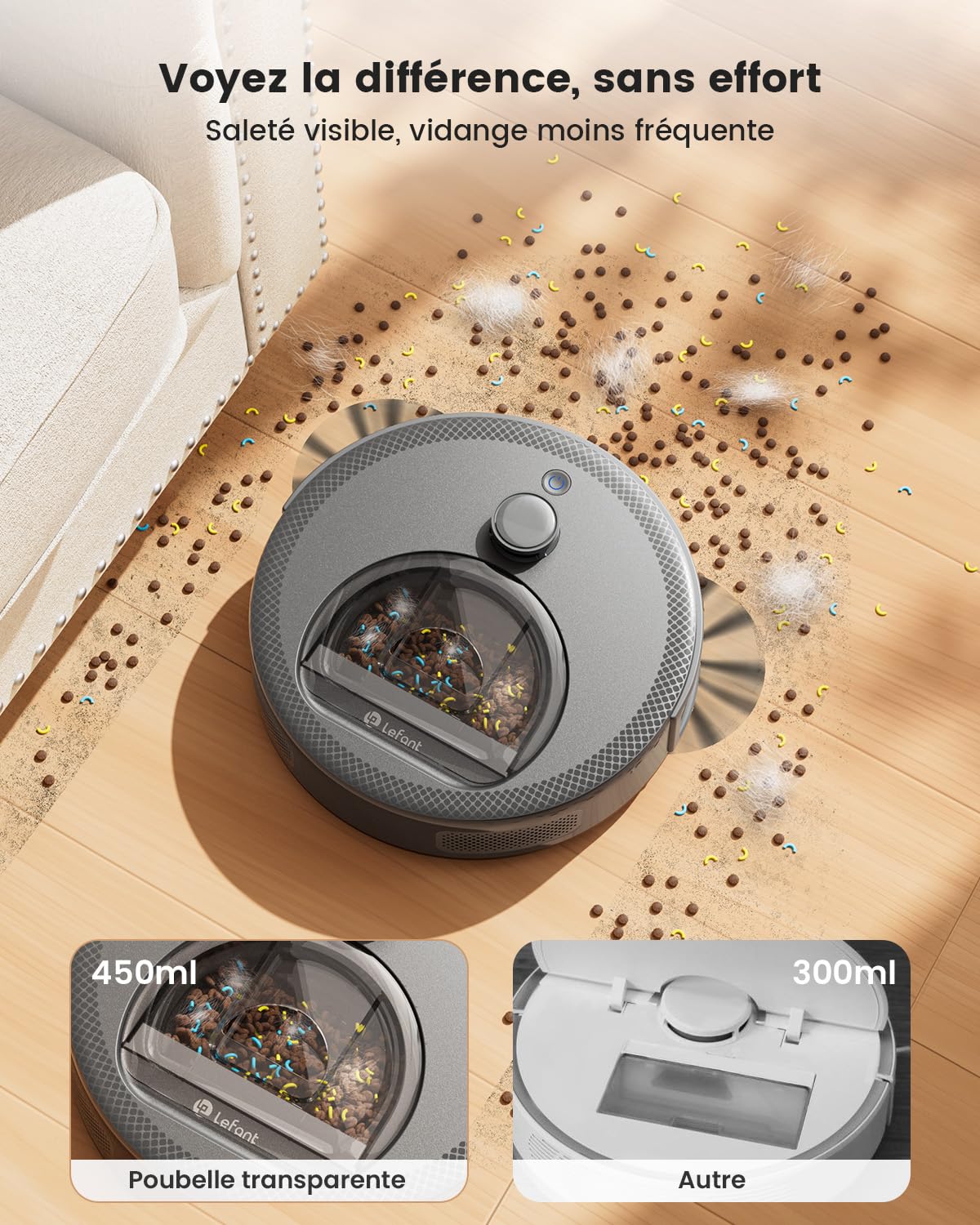 Lefant M330 Robot Aspirateur Laveur, 3 en 1 Aspirateur Robot, Navigation dToF, Cartographie, 5000Pa, 150min, Évitement d'obstacles, Zones Virtuelles, Évitement d'obstacles PSD, Alexa/APP/WiFi, Gris