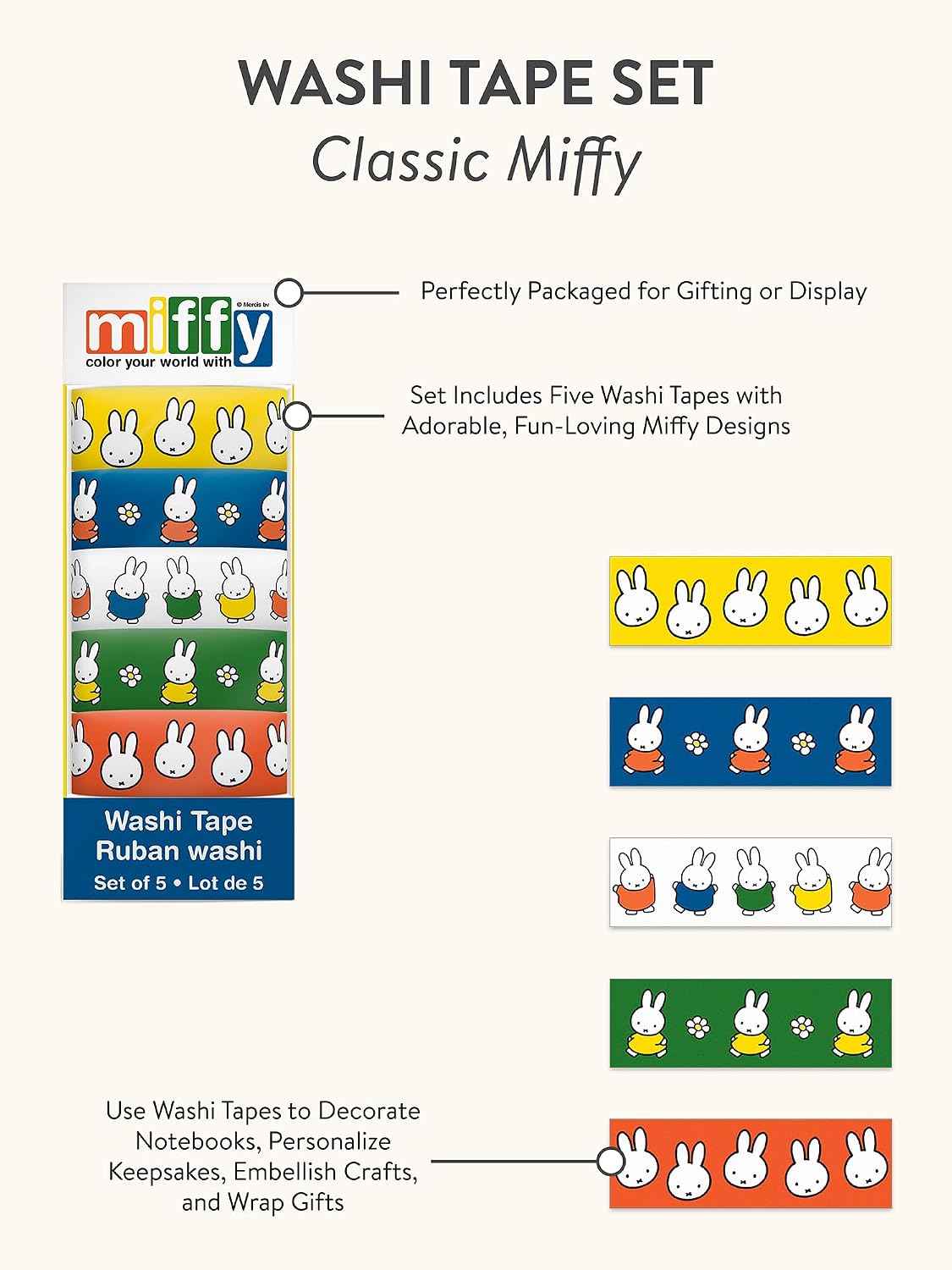 Studio Oh! Classic Miffy Washi Tape Set, 5 Decorative Tape Rolls, Multicolored Stationery for Scrapbook Supplies, Gifts, Crafts, Scrapbooking & Journaling Supplies, Adhesive, Miffy Artwork, 10m Rolls