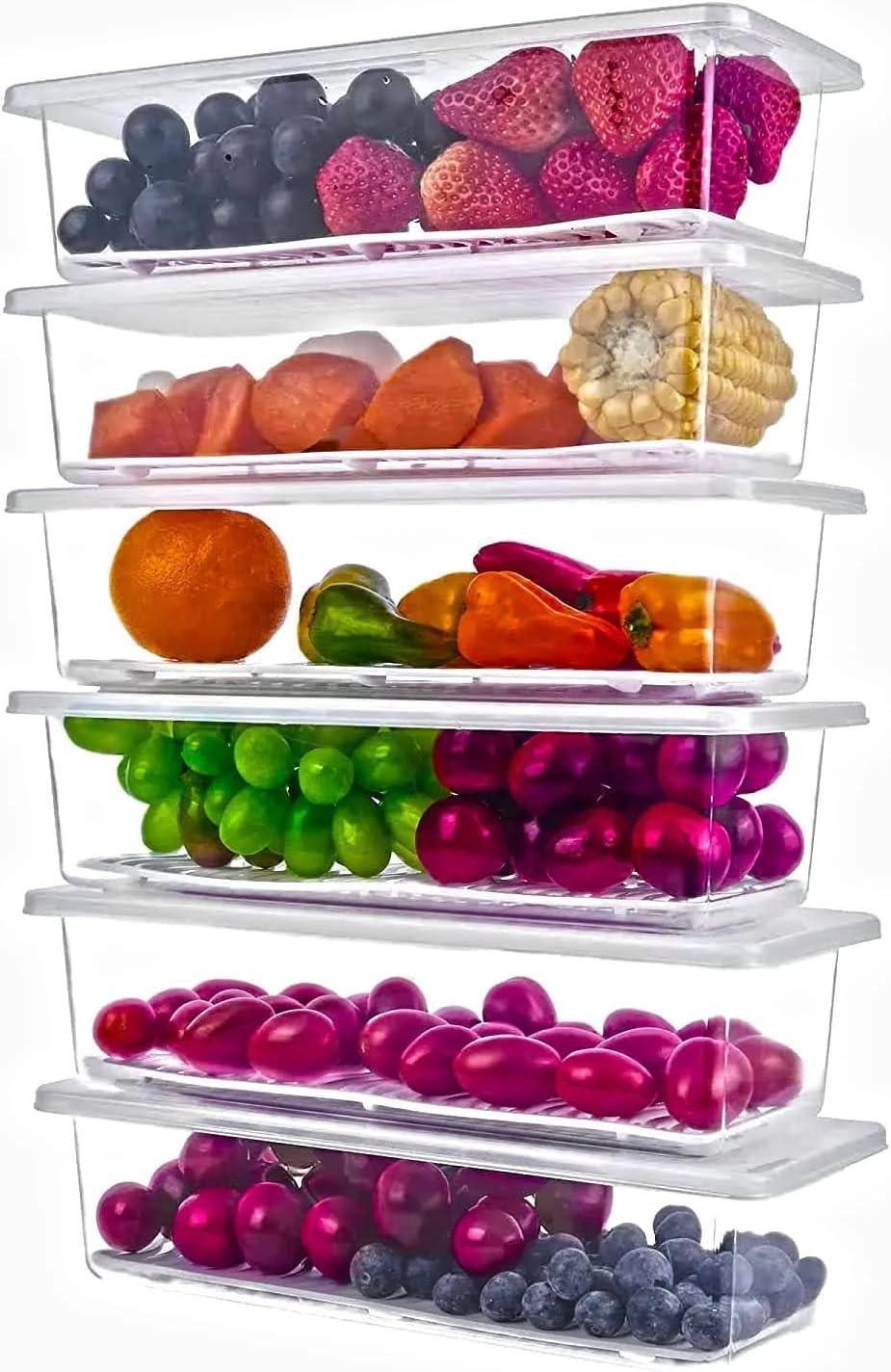 6 Fridge Storage Boxes Fridge Organizer With Removable Drain Plate&Lid Stackable Fridge Storage Containers Plastic Freezer Storage Containers For Fish Meat,Vegetables,Fruits(1500Ml),Transparent