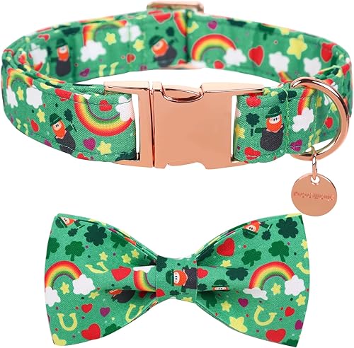 DOGWONG Collar de perro para el día de San Patricio con corbatín, collar de perro de trébol de la suerte verde, suave, duradero, ajustable, collar