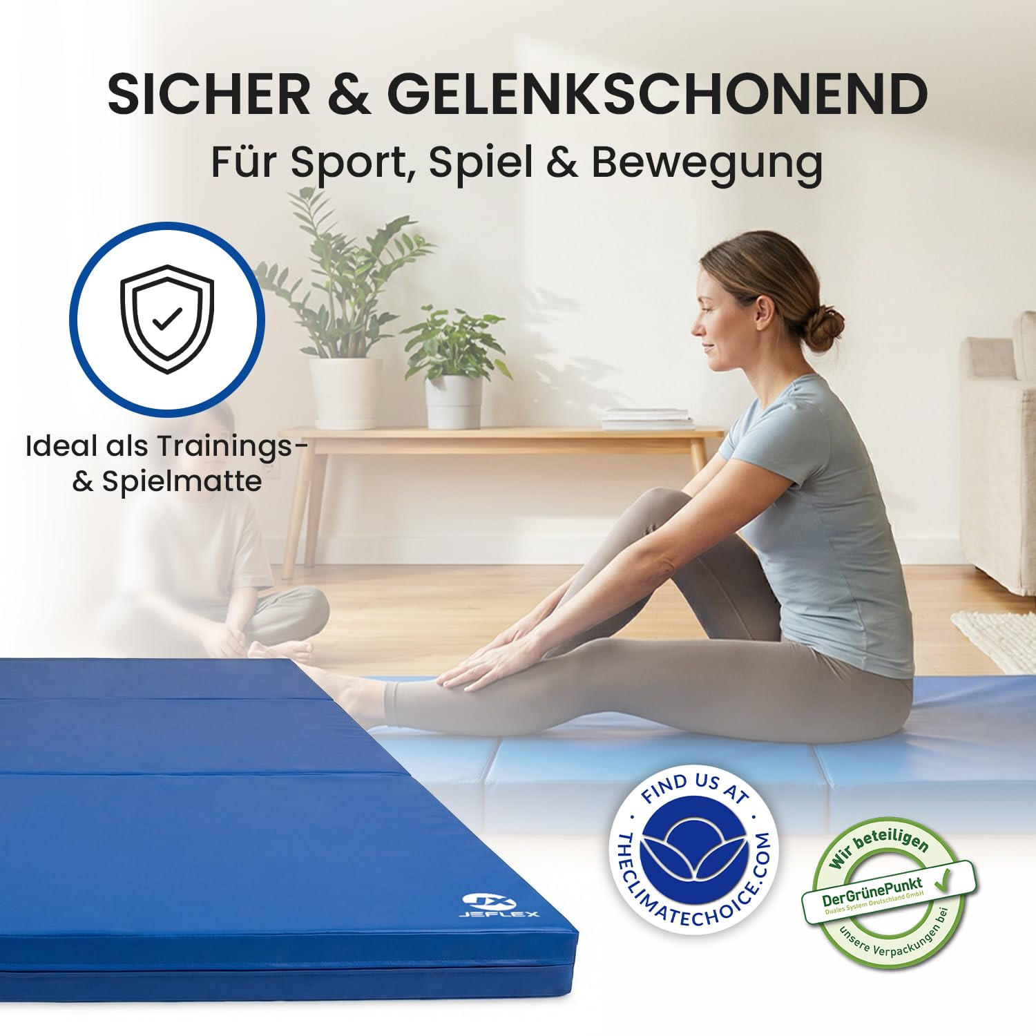 Jeflex - klappbare Weichbodenmatte & Turnmatte 210 x 100 x 8 cm MADE IN GERMANY/Gymnastikmatte tragbar/platzsparende Fitnessmatte & Yogamatte/Spielmatte für Kinderzimmer
