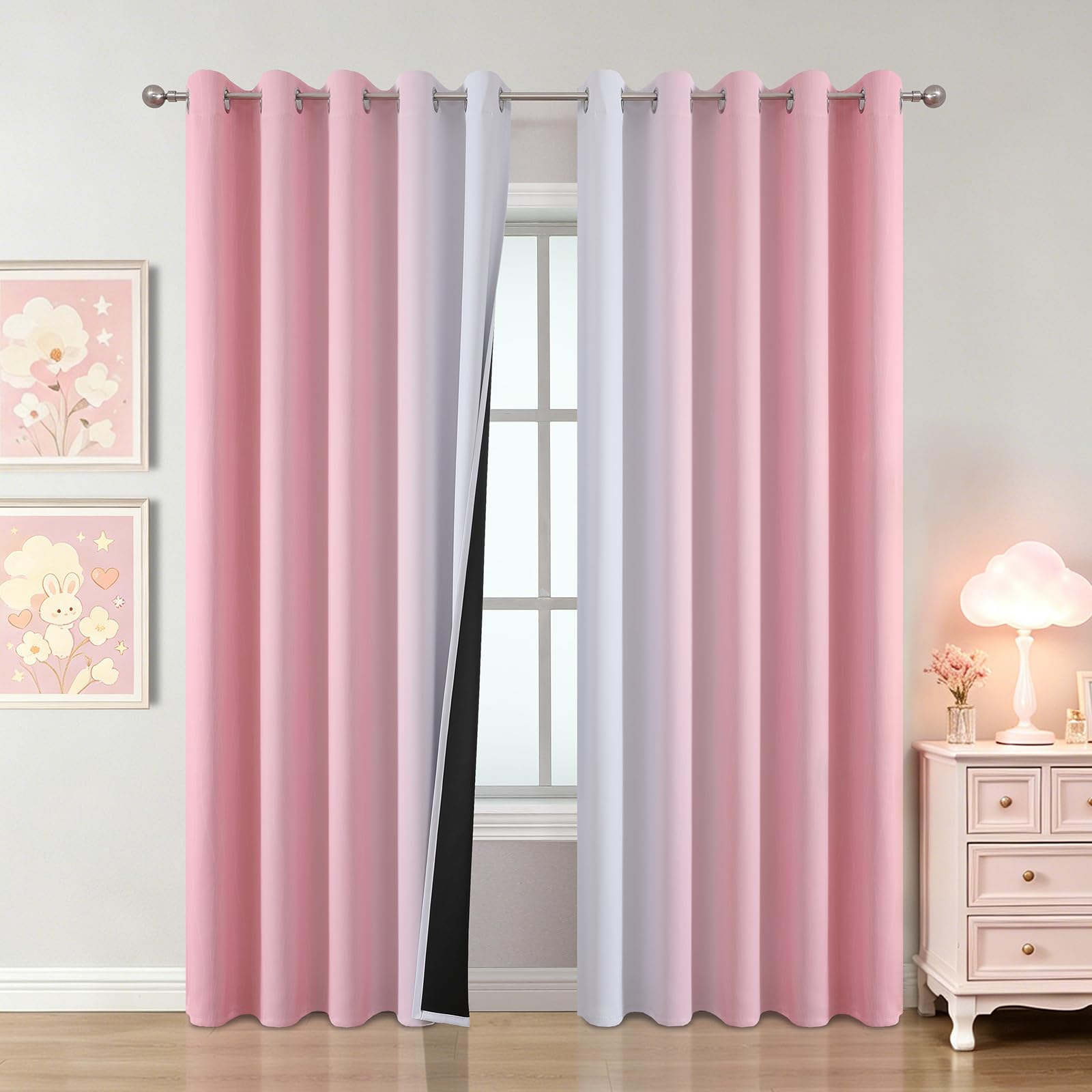 Pink and Greyish White Ombre Blackout Curtains for Bedroom 62x84 Inch Long