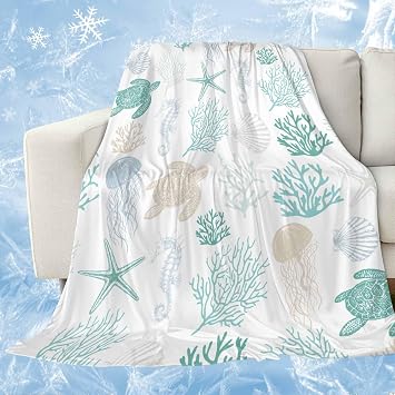 Ocean Cooling Blankets for Hot Sleepers Summer Ocean Creature Sea Turtle Coral and Shell Duck Green Cooling Comforter Breathable Double Side Cool Lightweight Blanket for Bed Couch Sofa 60" x 80"