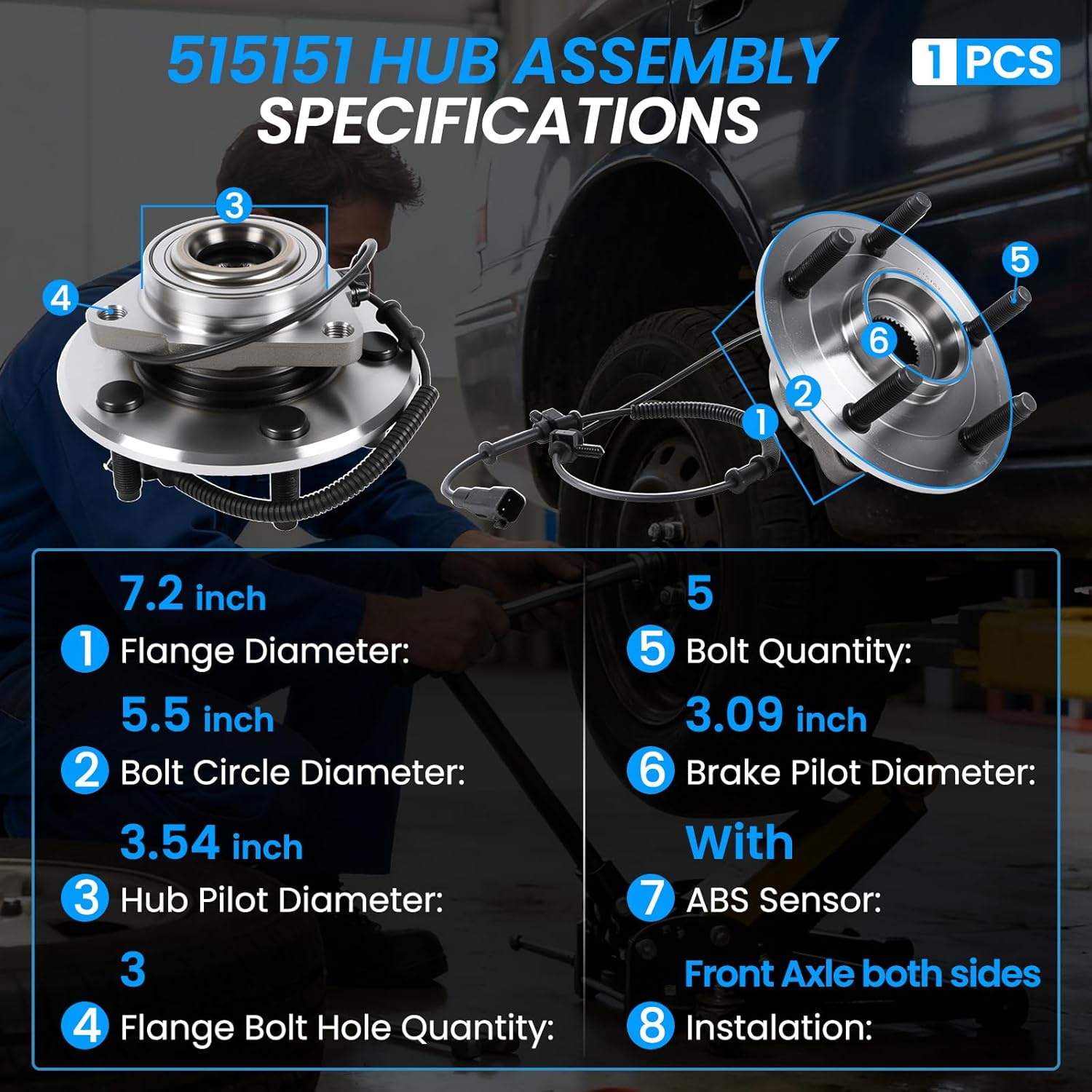 515151 Front Wheel Bearing and Wheel Hub Compatible with 2012-2018 1500, 2019-2022 1500 Classic 2012 2013 2014 2015 2016 2017 2018 2019 2020 2021 2022 Wheel Bearing Hub Assembly 5 Lugs w/ABS