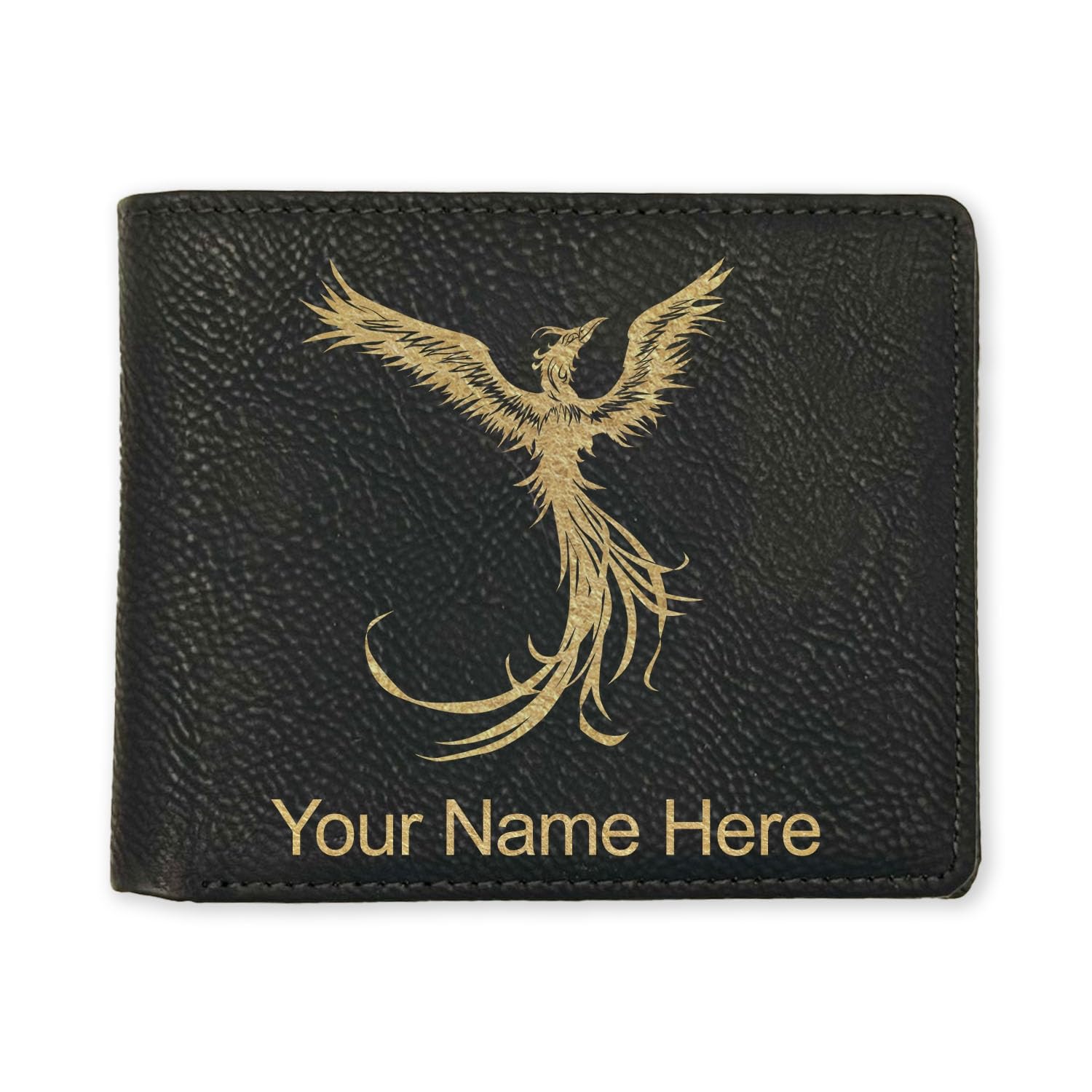 LaserGram Faux Leather Bi-Fold Wallet, Phoenix, Personalized Engraving Included (Black with Gold)