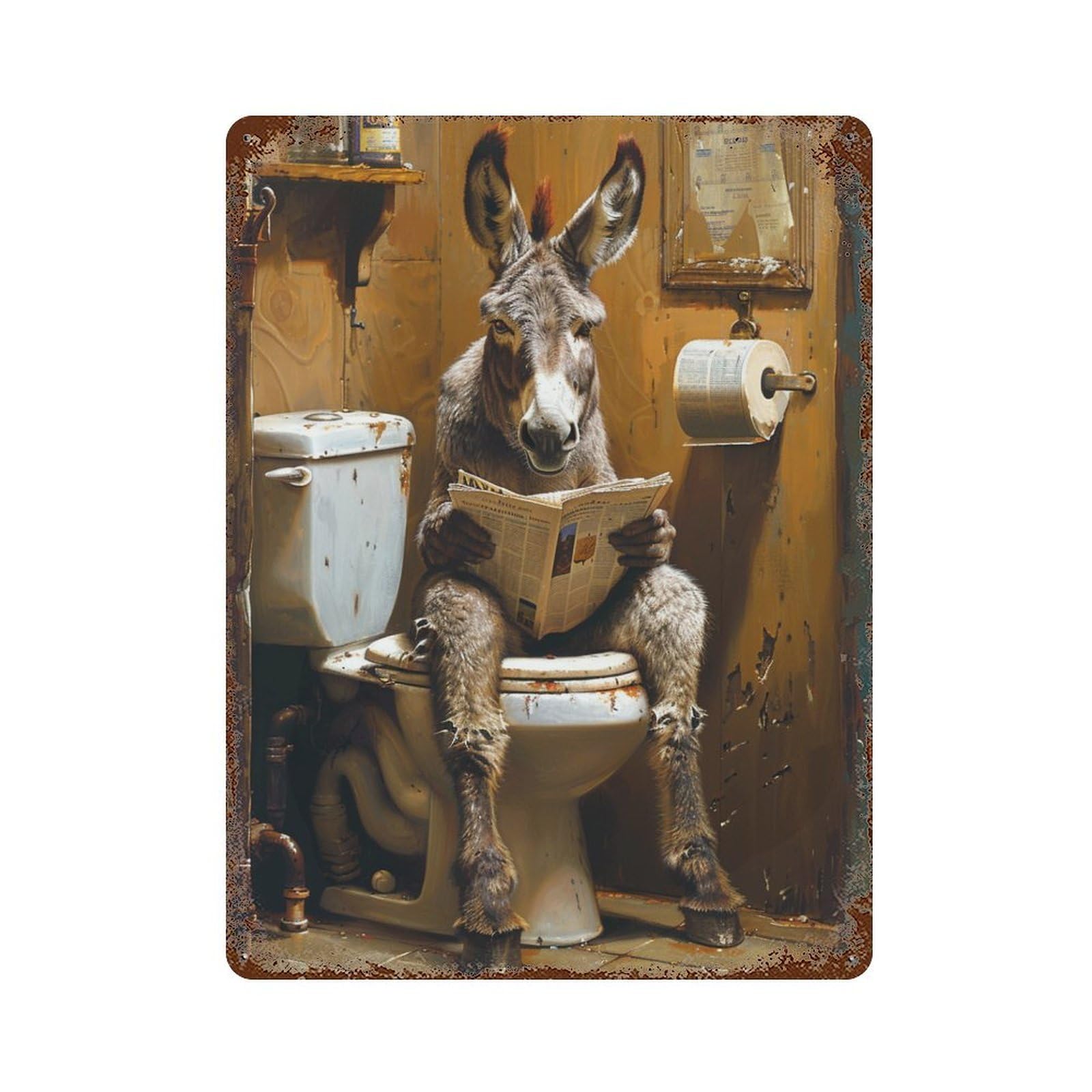 Donkey Reading Newspaper in Bathroom 15.7"x11.8" Distressed Metal Wall Sign, Retro Wall Decor for Garage, Bar And Workshop Decor