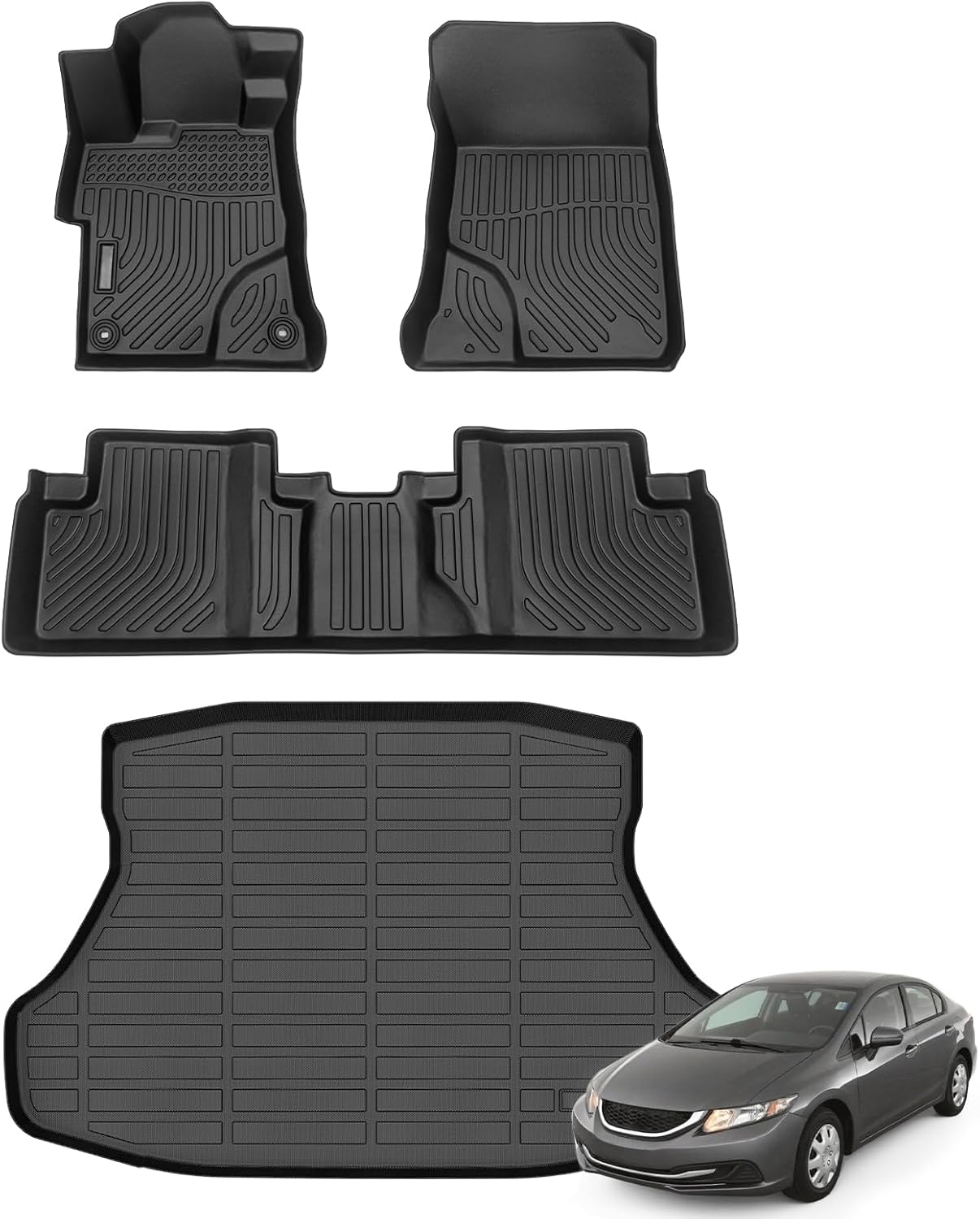 Floor Mats & Cargo Liner for 2012-2015 Honda Civic & Civic Si Only Sedan (Not Coupe), All Weather Automotive TPE Floor Liners Set Anti-Slip Waterproof Accessories (Car Mats+Trunk Mat) Black 51)For Civic 2012-2015 Full Set