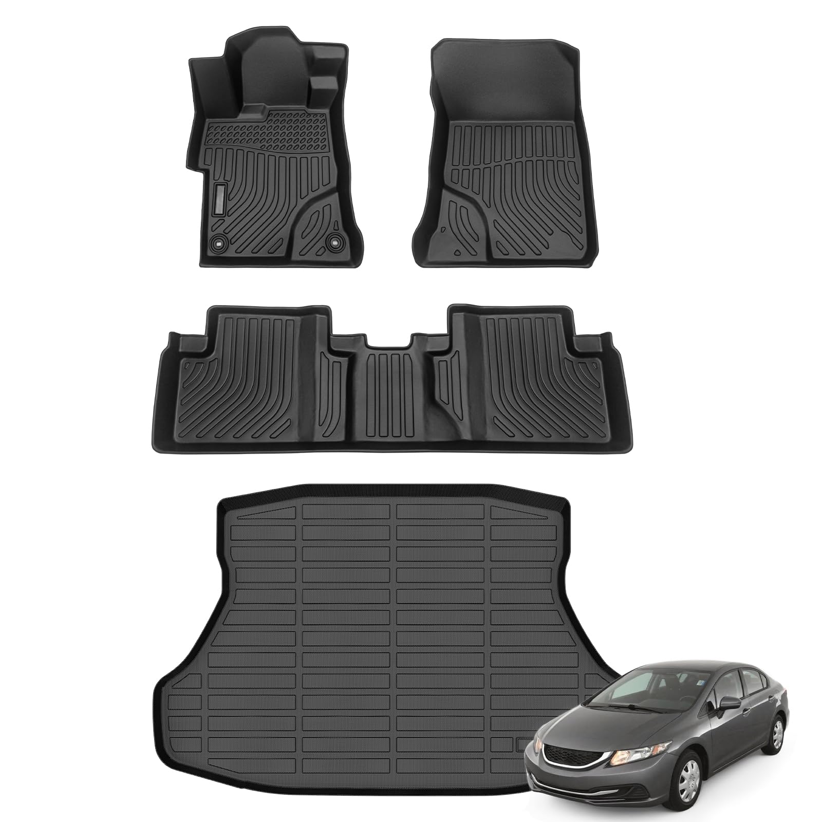 Floor Mats &amp; Cargo Liner for 2012 2013 2014 2015 Honda Civic Sedan &amp; Civic Si Sedan (Not for Coupe) All Weather Automotive TPE Floor Liners Set Anti-Slip Waterproof Accessories