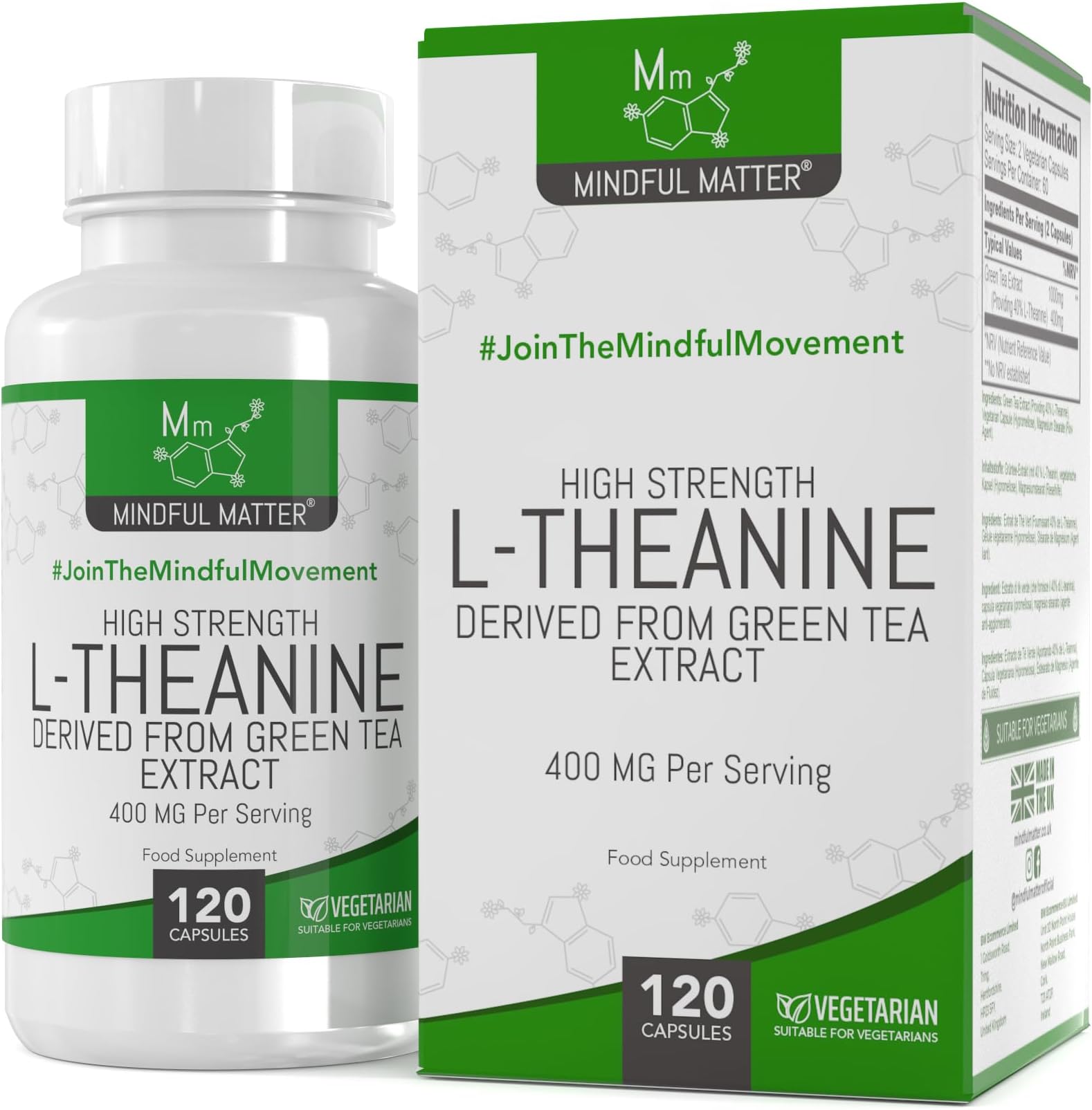 MM L Theanine | 120 L-Theanine Capsules from Green Tea - High Strength 1000mg Green Tea Extract Providing 400mg L'theanine per Serving | L Theanine Supplement | Non-GMO Gluten Free | Made in UK