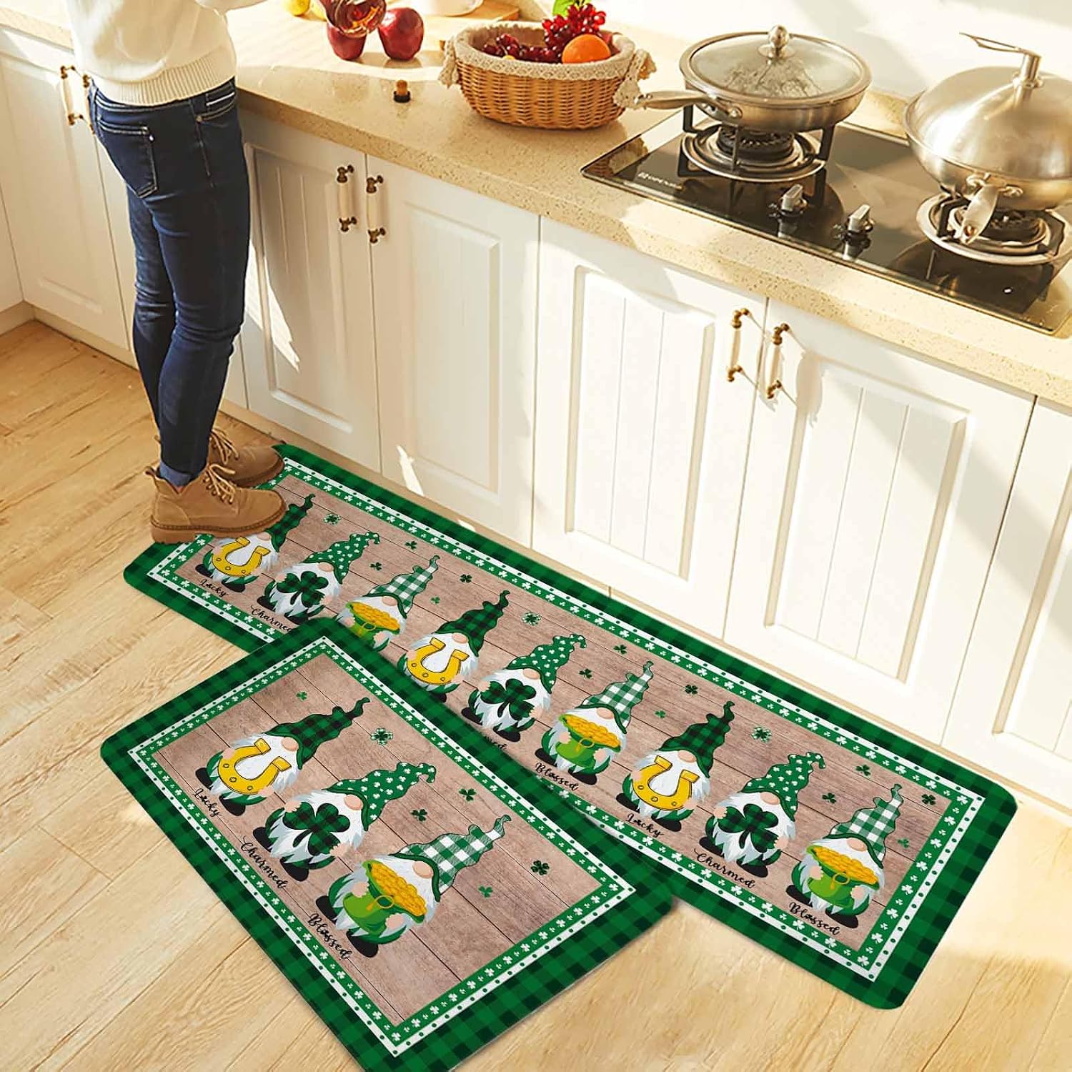 St Patricks Day Kitchen Rugs and Mats Set of 2, Non-Slip Kitchen Sink Mat, Farmhouse Gnomes Shamrock Plaid Wood Grain Washable Doormat Bathroom Rugs Runner for Bedroom 19.7"x31.5"+19.7"x47.2"