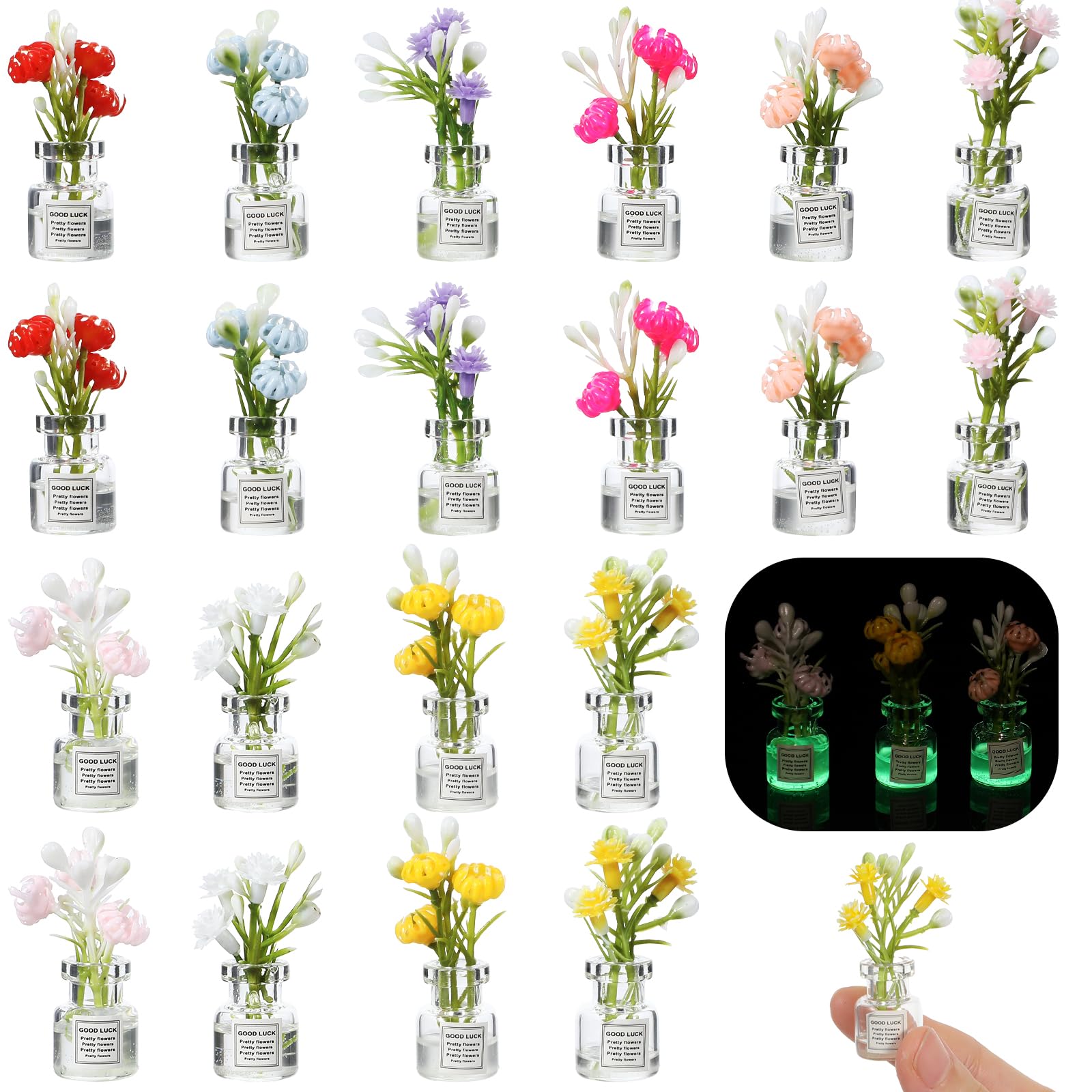 20Pcs Dolls House Flower Pots, Mini Glass Flowers,Dollhouse Miniatures Flowers Plants,1:12 Tiny Small Glow In The Dark Glass Vase Flower Plant House Decor, Miniature Plants Accessories for Tiny Houses