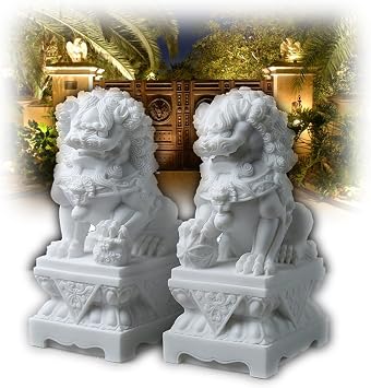 Large Size Foo Dog Statue Pair Jade, Wealth Prosperity Feng Shui Pair of Fu Dogs Guardian Lion White Marble, Feng Shui Decor for Outdoor Home Decorations, Warding Off Evil Energy,25cm/9.84inch