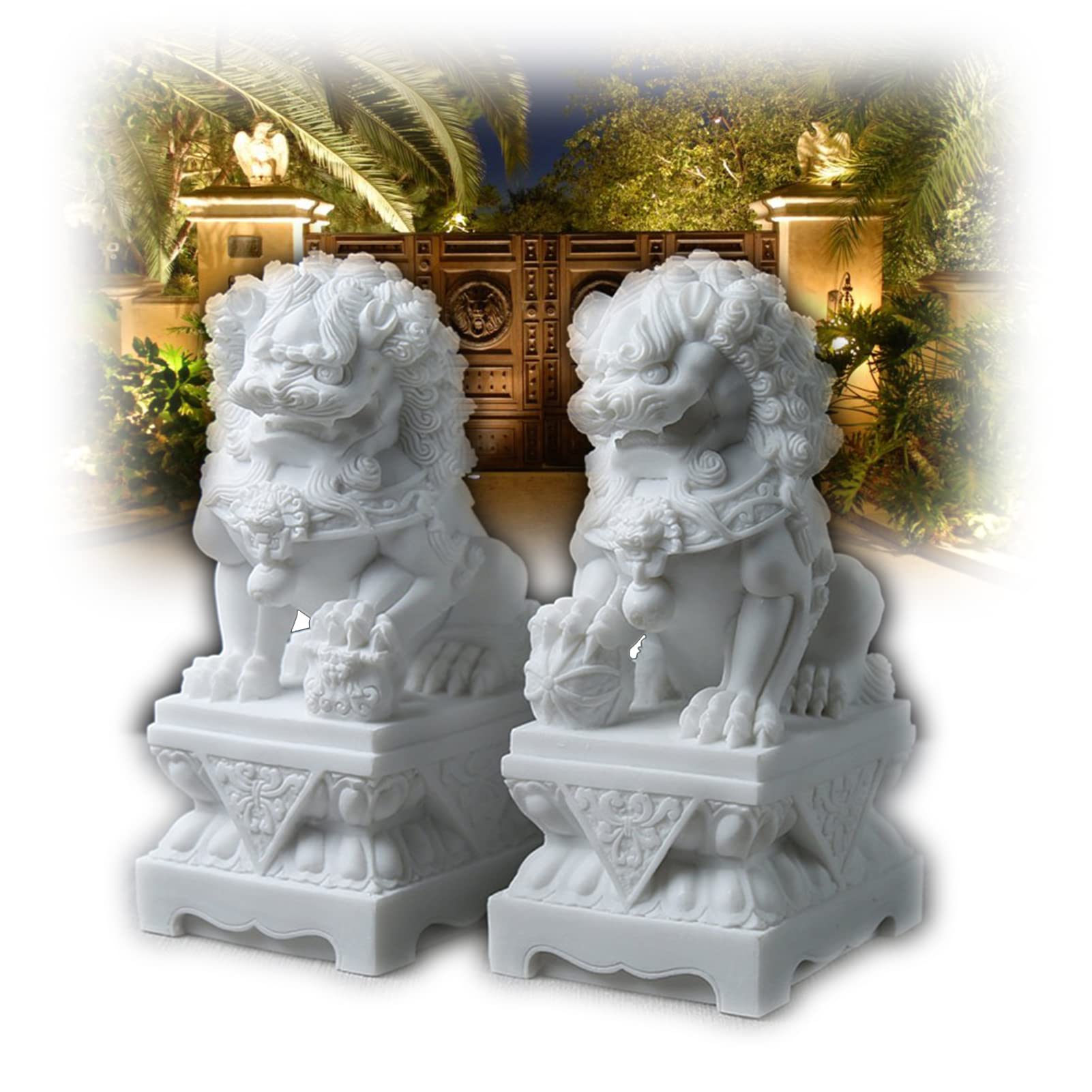 REOTEL Large Size Foo Dog Statue Pair Jade, Wealth Prosperity Feng Shui Pair of Fu Dogs Guardian Lion White Marble, Feng Shui Decor for Outdoor Home Decorations, Warding Off Evil Energy,25cm/9.84inch