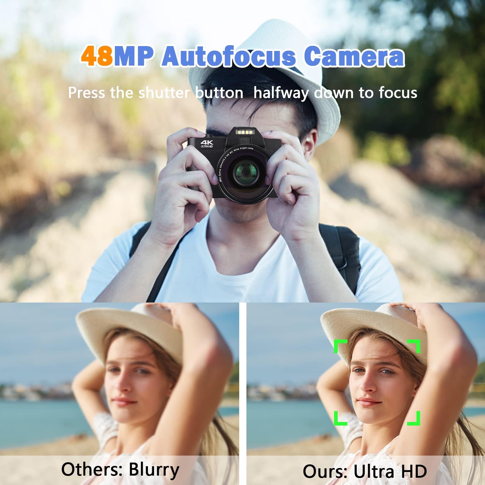 CCN Appareil Photo numérique 4K 48MP, avec 180° Flip 3.0" écran, 16X Zoom numérique Appareil Photo Compact avec Objectif Grand Angle et Macro, 64GB TF Carte, WiFi, Version de Mise à Niveau, Noir