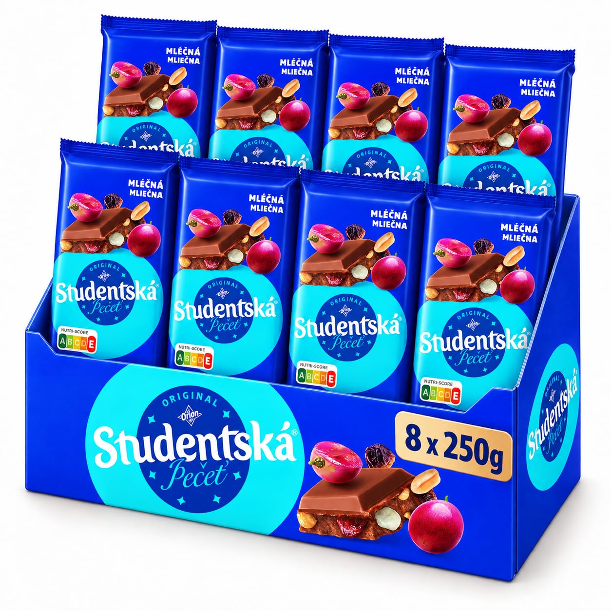 ORION Studentská pečeť czekolada mleczna z orzeszkami ziemnymi, rodzynkami i galaretką, 8 × 250 g