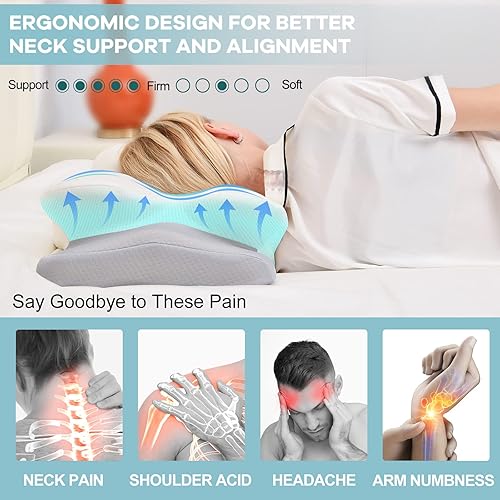 Miniatura 4 de Almohada cervical para cuello, almohadas de espuma viscoelástica de contorno inodoro, almohadas ortopédicas ergonómicas para dormir, apoyo lateral y