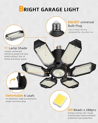 Miniatura 2 de Adiding Paquete de 2 luces LED de garaje, 20000 lm, luz LED brillante para taller, sótano, lámpara Srew en E26 E27 con foco ajustable y 6 paneles