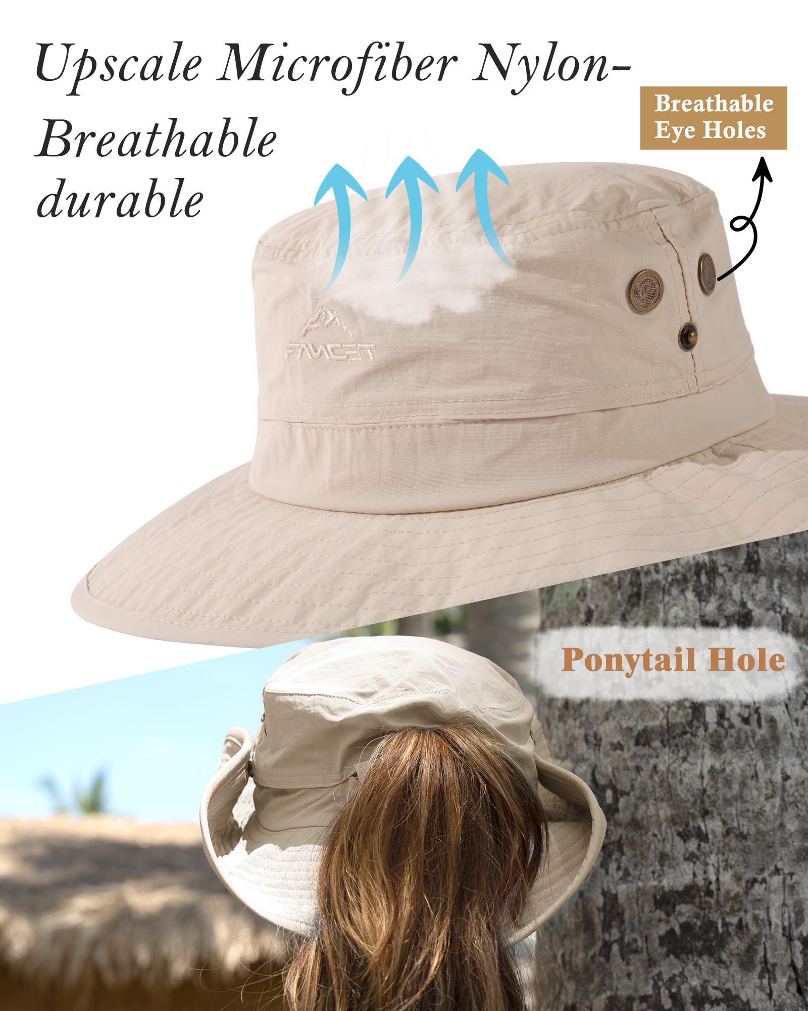 TOP-EX Chapeau de soleil UPF 50 pour femme à large bord protection UV chapeau de safari imperméable pliable pour la marche, la pêche avec trou pour queue de cheval