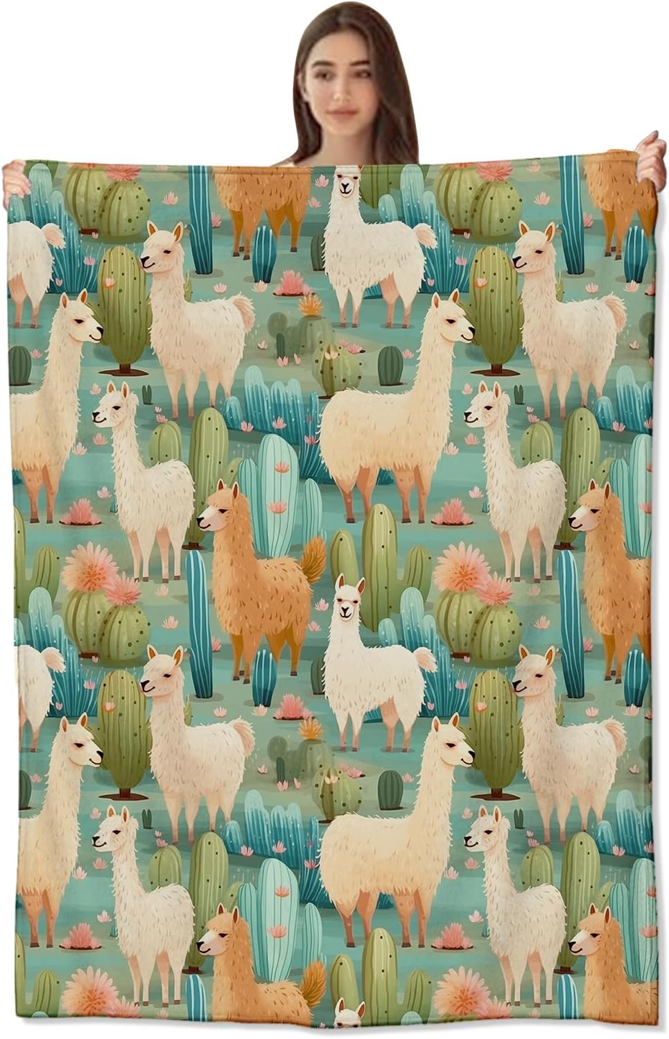 Cactus Llama Print Throw Blanket-Cozy, Plush & Warm Flannel for Boys, Girls-Soft, Comfy, Lightweight for Sofa, Couch, Bedroom, Travel-Robust, Fuzzy,Anti-Pillling Fabric for Outdoor 50×60inch