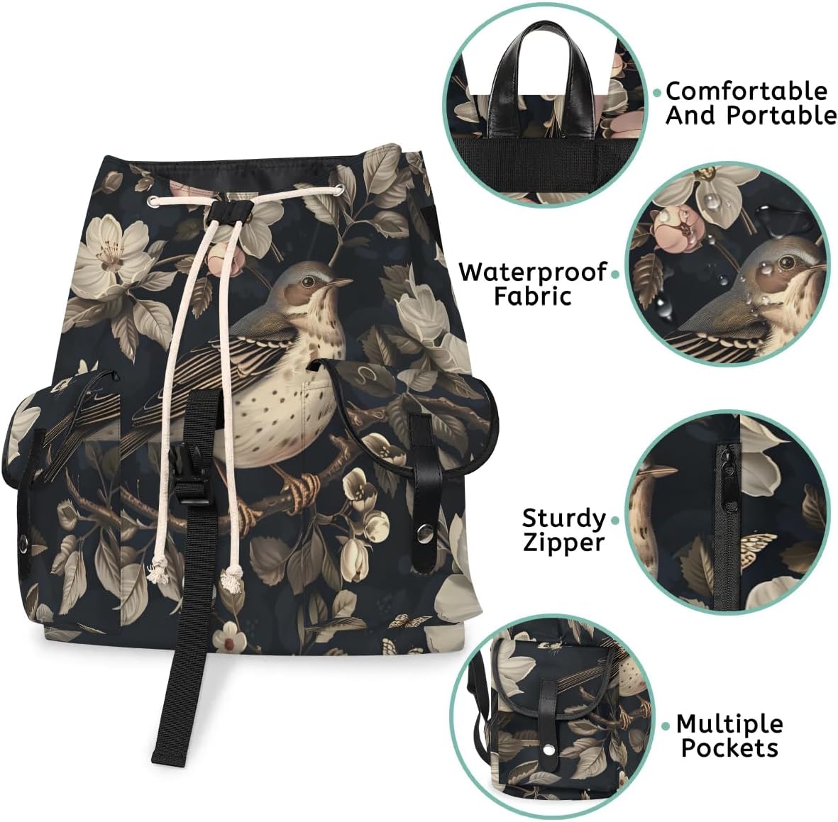 Cute Birds Flowers Waterproof Laptop Backpack for Men Women Vintage Style Backpack Large Storage Carry on Backpack for Travel & Work Fits 15-inch Notebook