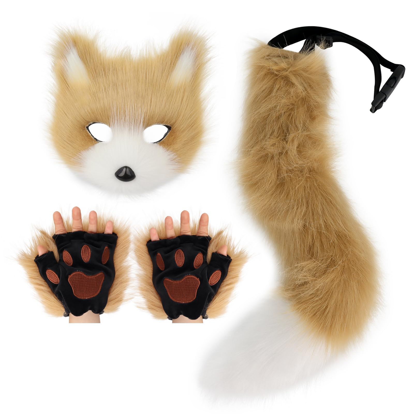 HAOANFurry Fox Mask Wolf Fox Tail and Paw Gloves Set Adult Cat Halloween Mask Cosplay Animal Party Costume
