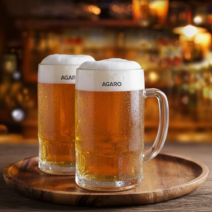 AGARO Elegant Beer Mug, Set of 2, 397ml Each, Transparent, Serves Beer, Juice, Mocktail, Cocktail, Drinking Glass with Handle