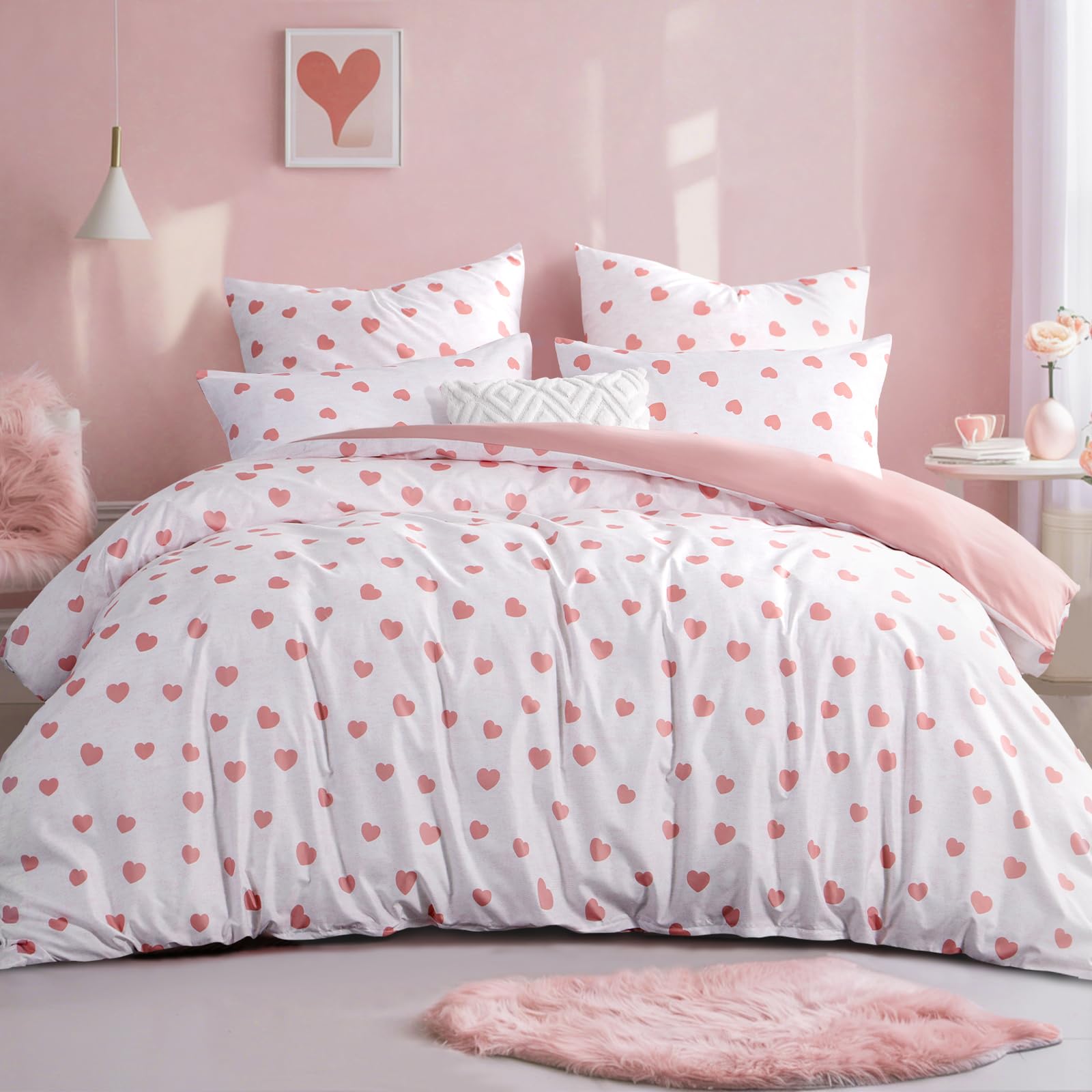 RUIKASI Super King Size Duvet Cover Sets - Pink Heart Superking Bedding Set Soft Microfiber Quilt Cover with 2 Pillowcases, Rose Pink 260x220 cm