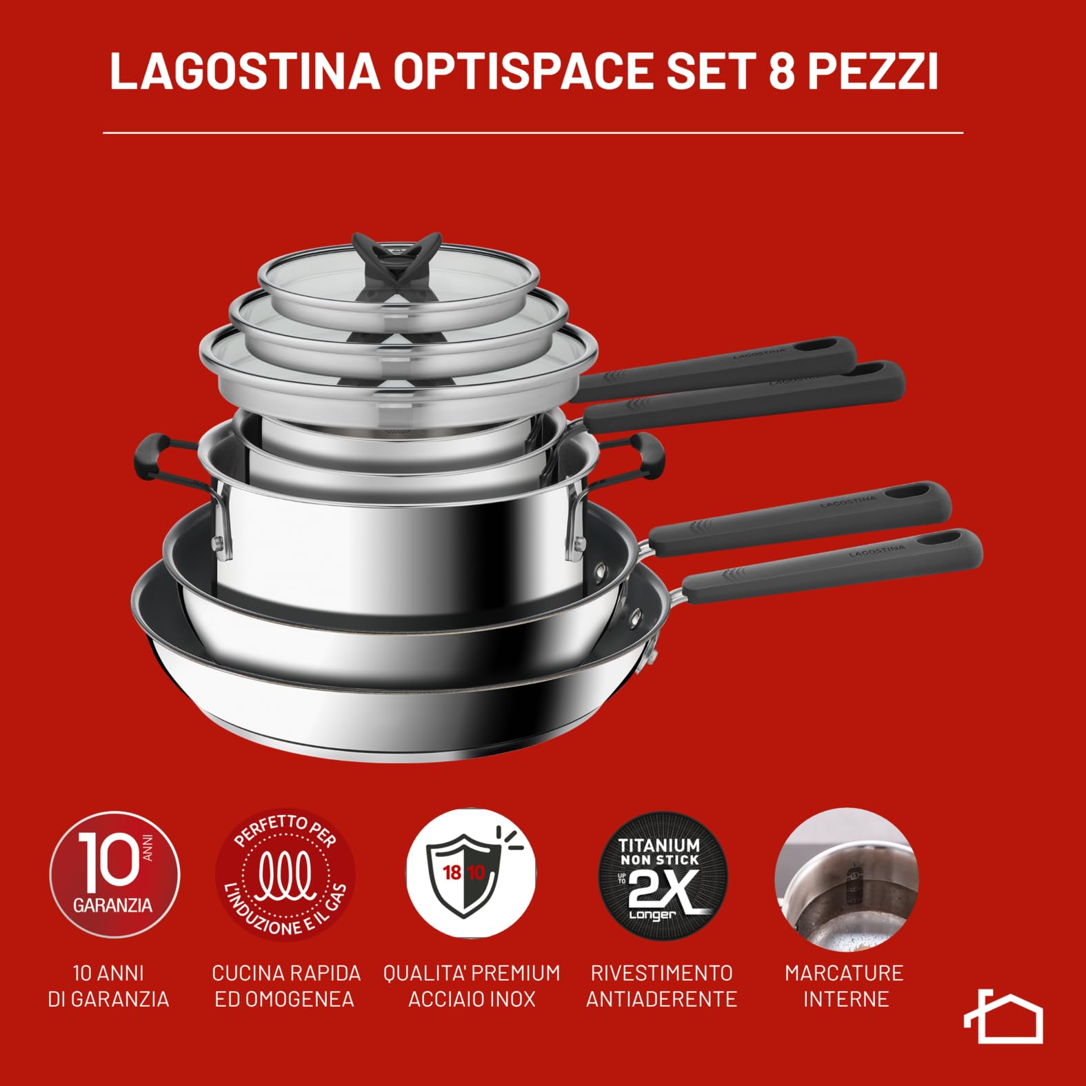 Lagostina Optispace, Set 8 Pentole, Padelle e Coperchi, Impilabili e Salvaspazio, Pentole in Acciaio Inox 18/10, Padelle Antiaderenti, Con Manici in Silicone - 2