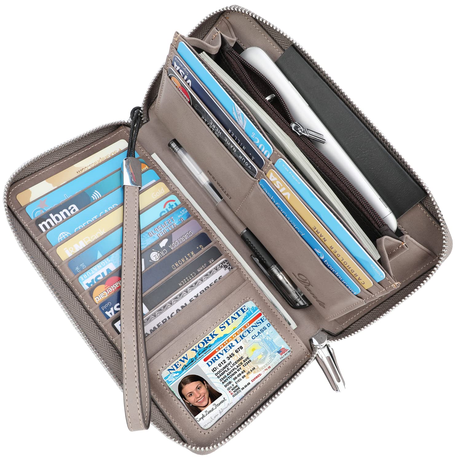 Lavemi Women's RFID Blocking 100% Leather Large Capacity Zip Around Wallet Phone Holder Clutch Travel Purse Wristlet(Large Size Vintage Gray)