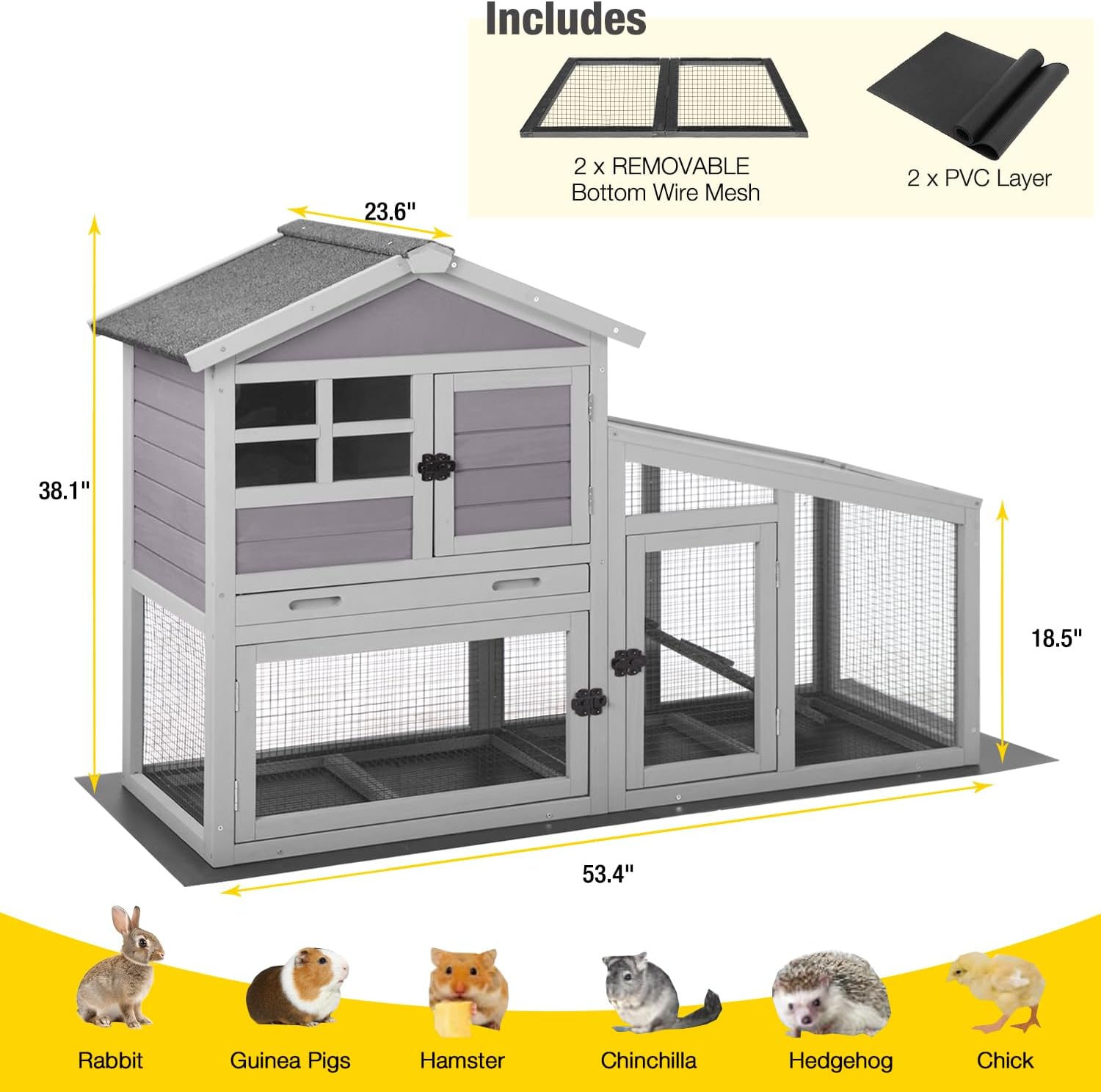 Aivituvin Rabbit Hutch Outdoor with Wire Mesh Bunny Cage Indoor with Ramp Chicken Coop Removable Bottom Wire Mesh Rabbit Cage with UV Panel 53.4" L x 23.6" W x 38.1" H Grey