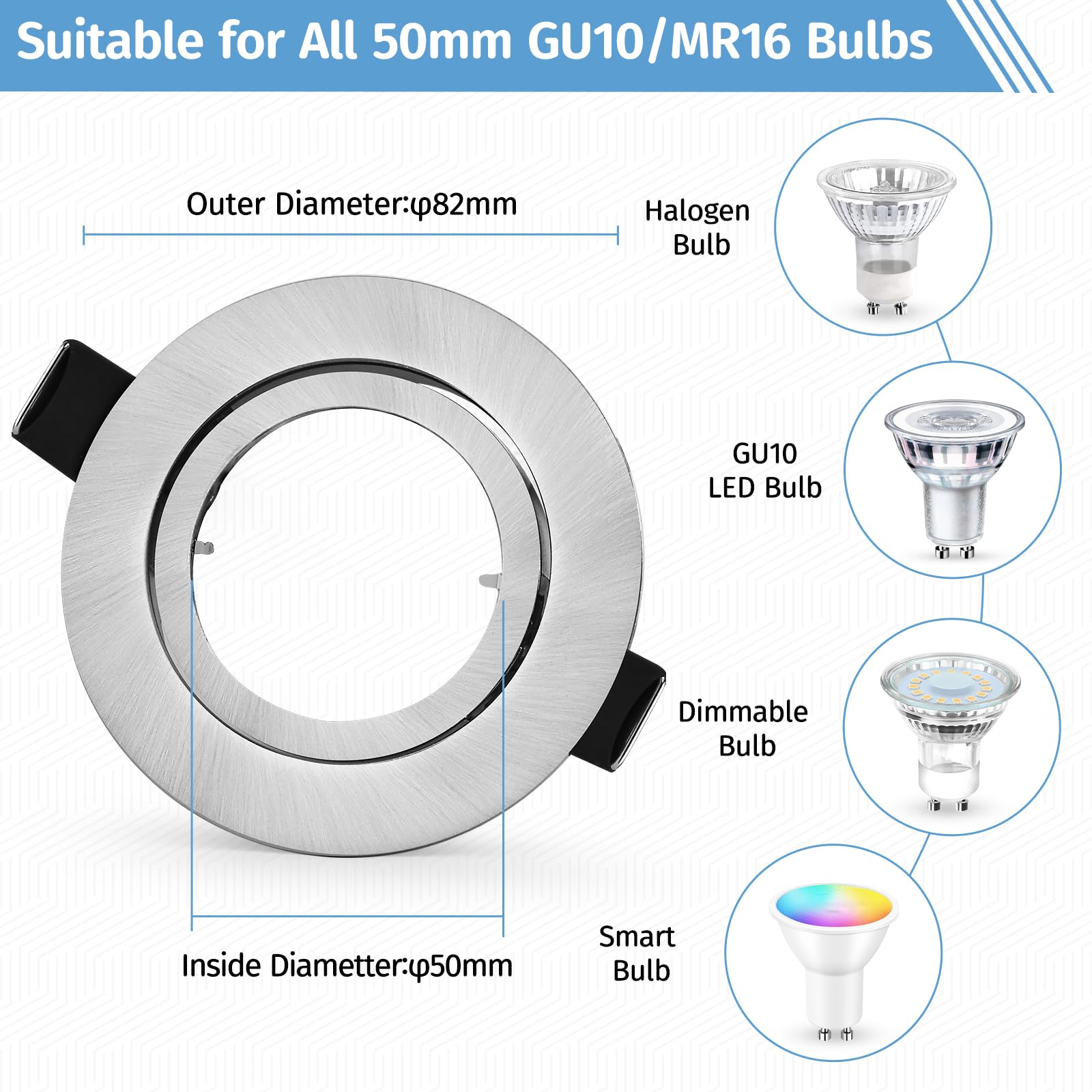 LED Einbaustrahler 6 Pack GU10 Schwenkbar led Einbauleuchte in Edelstahl gebürstet Optik, Einbaurahmen für LED/Halogen Leuchtmittel Inkl. GU10 Fassung, Rund(Ohne Leuchtmittel)