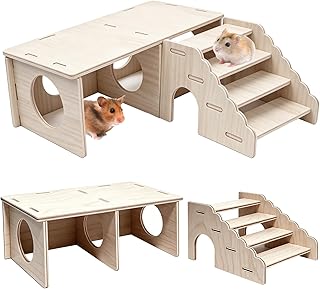 2 Pcs Hamster Hideouts, Wooden 2 Chamber Hideout Tunnel Hamster Platform with Climbing Ladder