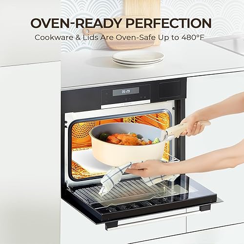 Miniatura 5 de Juego de 12 utensilios de cocina de cerámica antiadherente con mango desmontable, ollas y sartenes con tapas, no tóxico, juego de cocina para