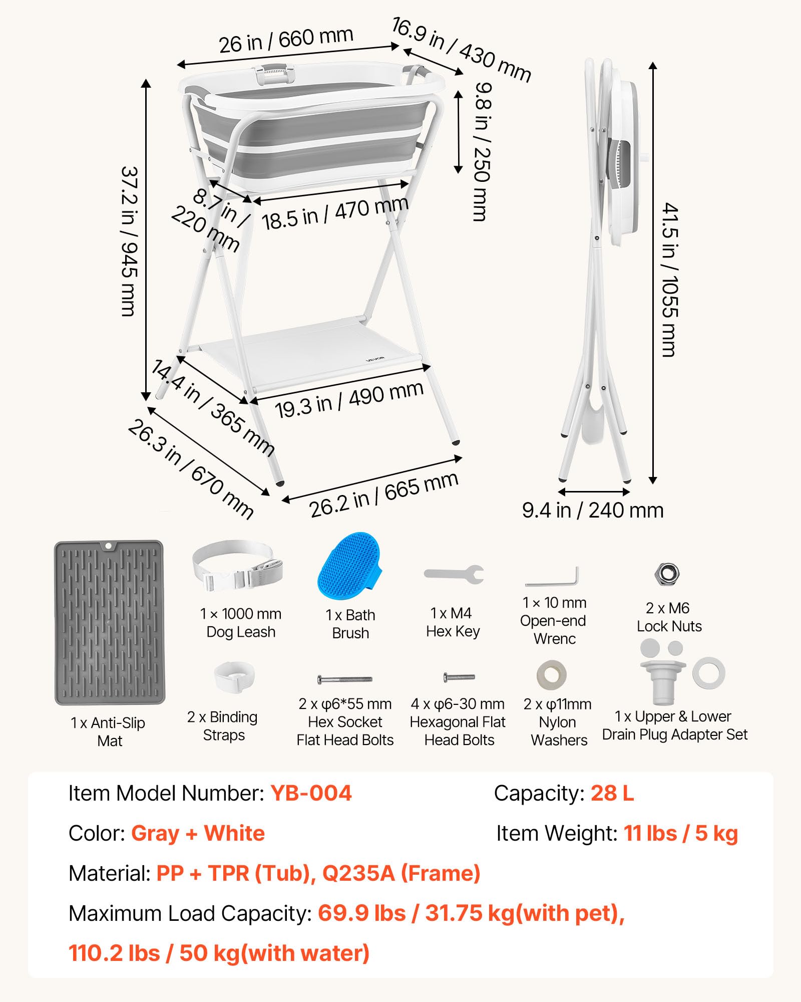 VEVOR Bañera Elevada para Perros Gatos Pequeños con Soporte, Bañera Plegable Portátil 2 en 1 para Mascotas de 1,8 a 8 kg, Estación de Baño con Estructura en X, Desagüe con Manguera, Uso en Mesa Suelo | Soporte estable y seguro, diseño fácil de usar
