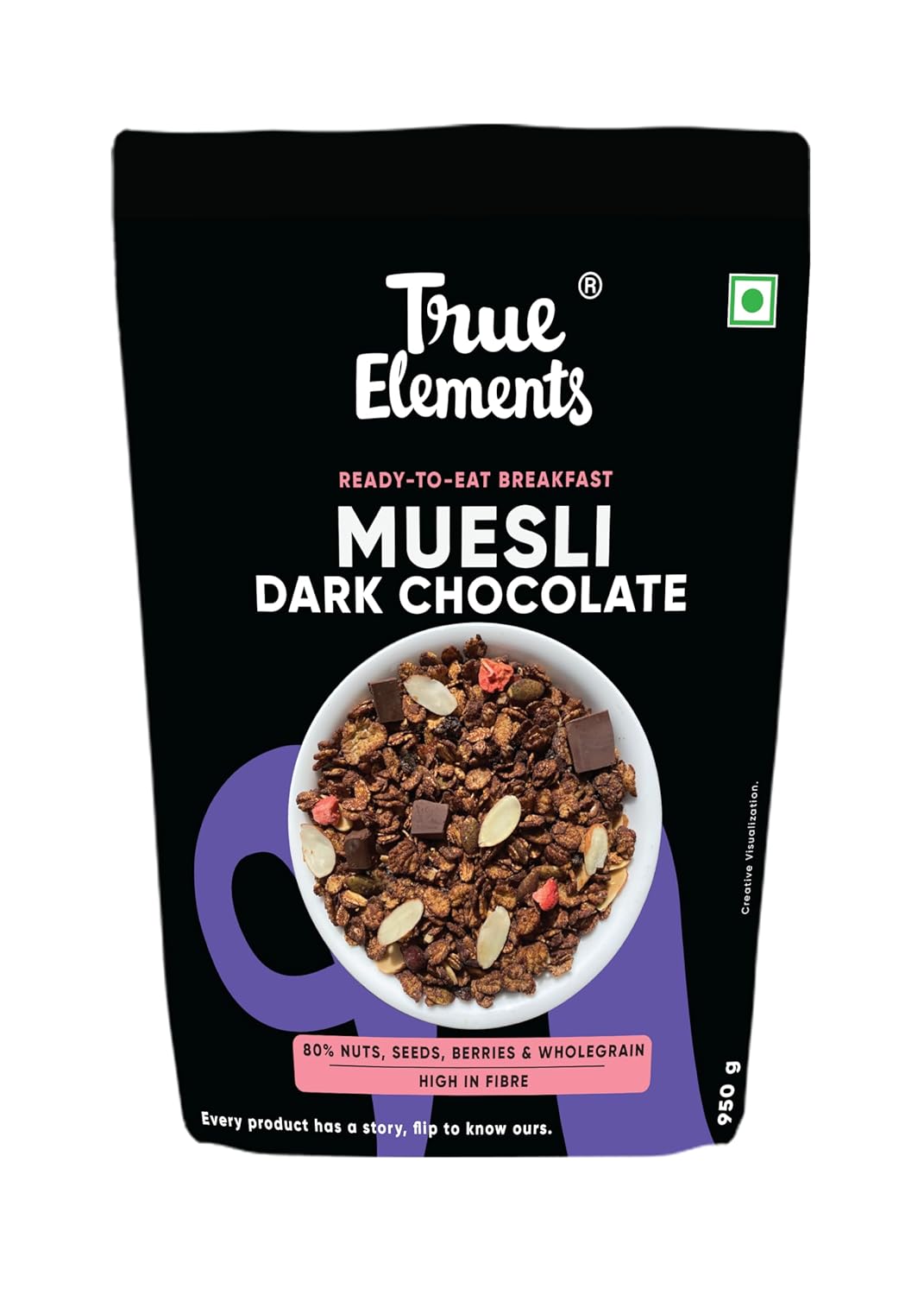 True Elements Dark Chocolate Muesli, Ready-to-Eat Breakfast Cereal, High in Fiber, with Nuts, Seeds, Berries & Wholegrain, 950g